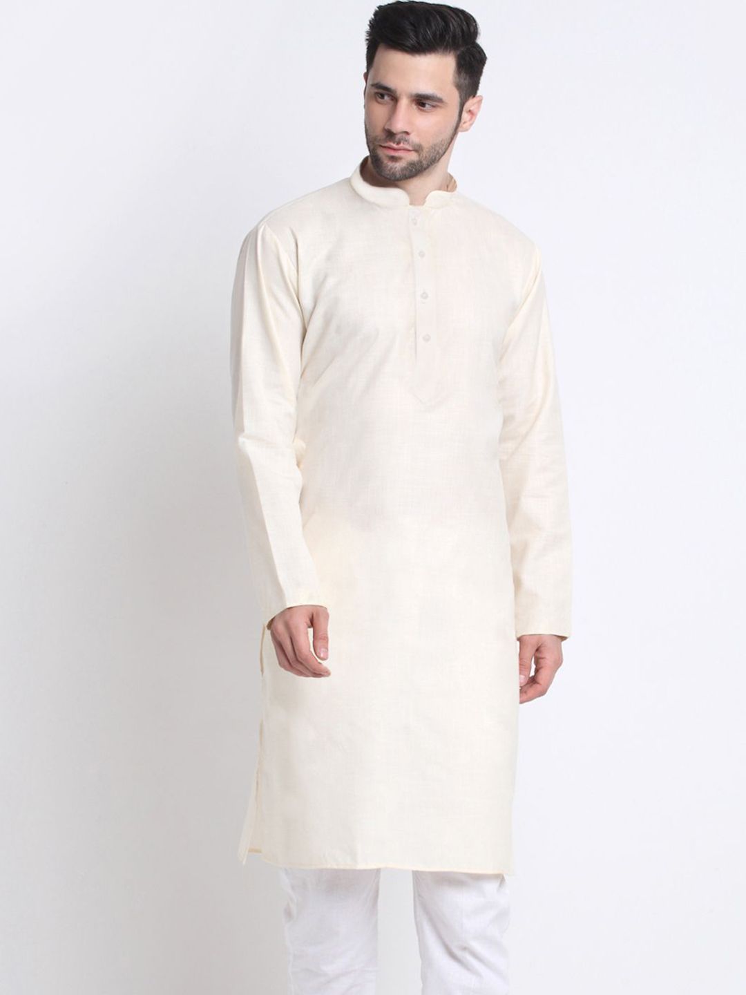 KRAFT INDIA Men Cream Mandarin Collar Cotton Blend Long Sleeves Straight Kurta
