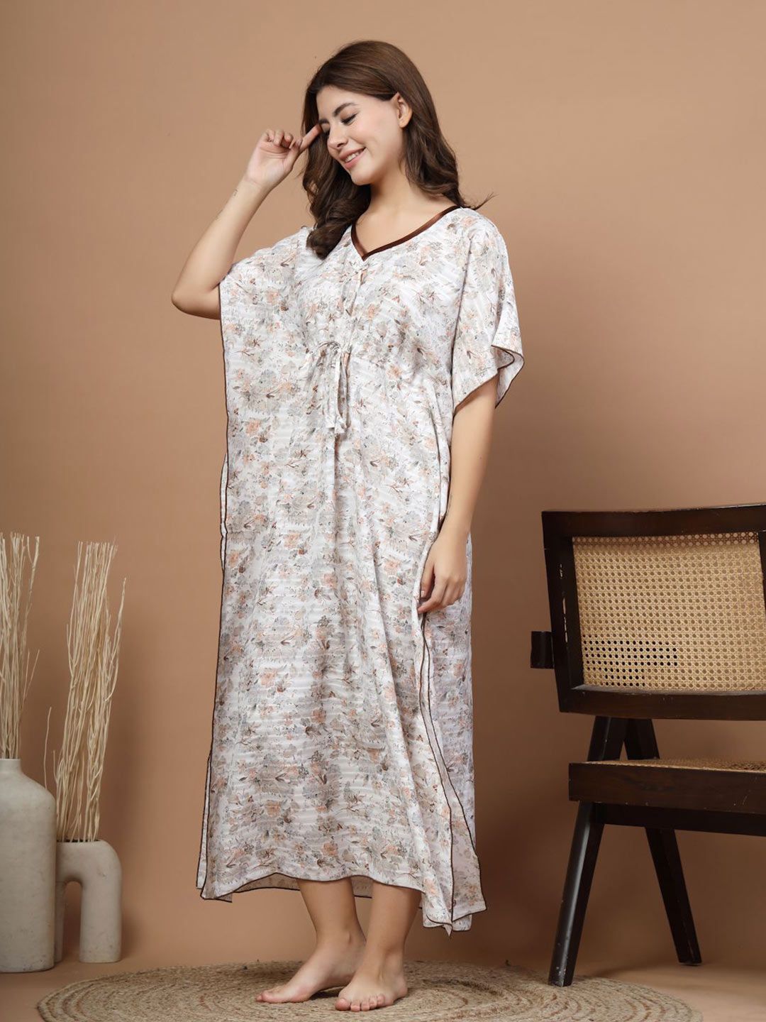 Women Floral Printed V-Neck Kaftan Maxi Nightdress 4