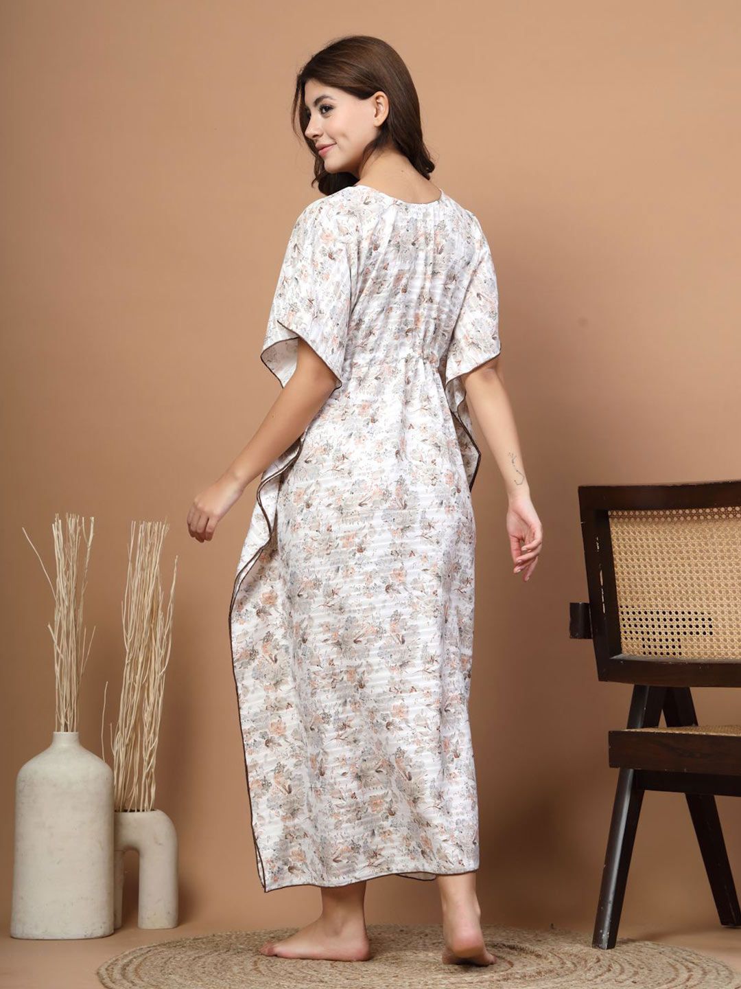 Women Floral Printed V-Neck Kaftan Maxi Nightdress 5