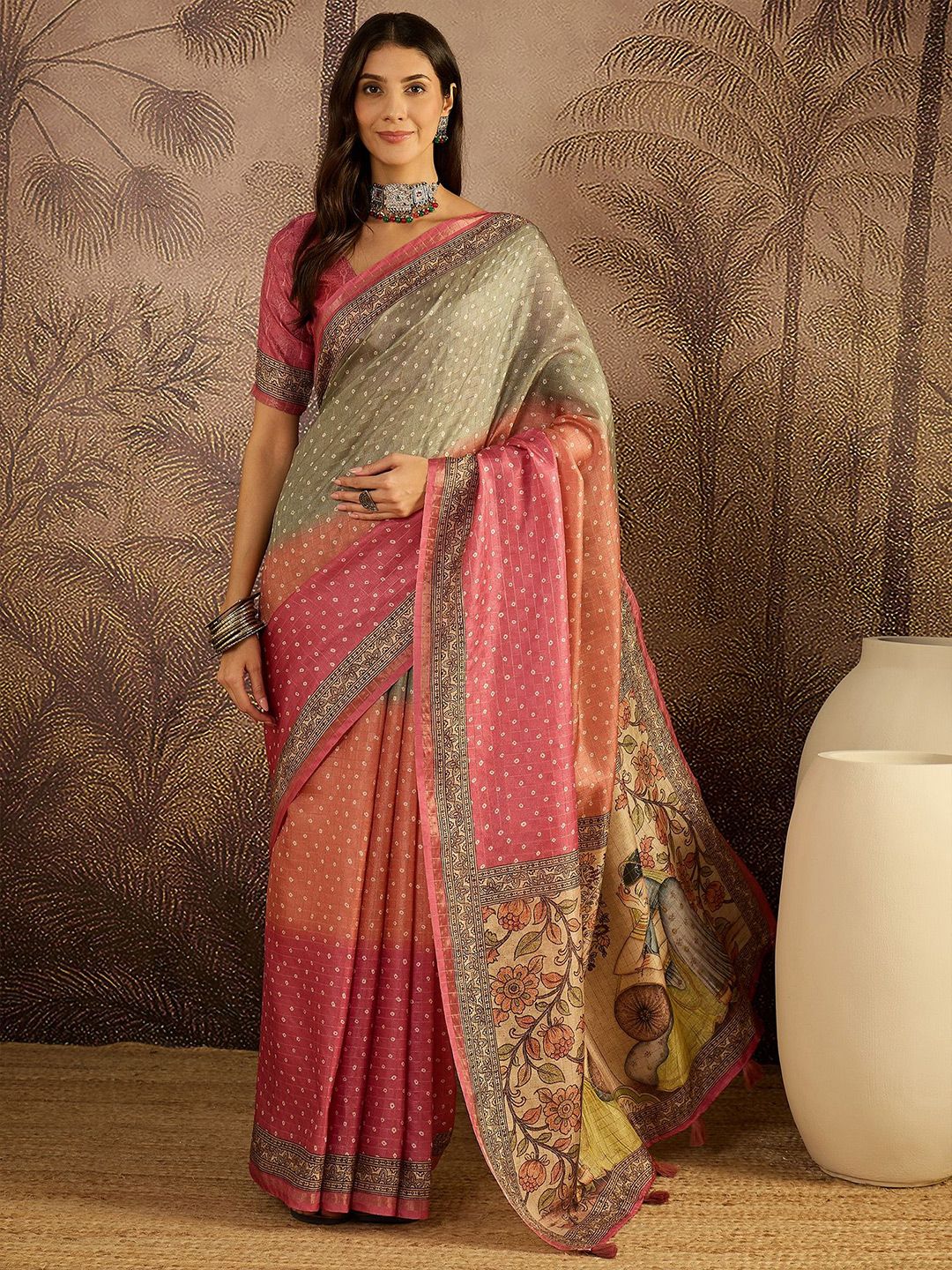 Sangria Ethnic Motifs Printed Zari Bandhani Saree