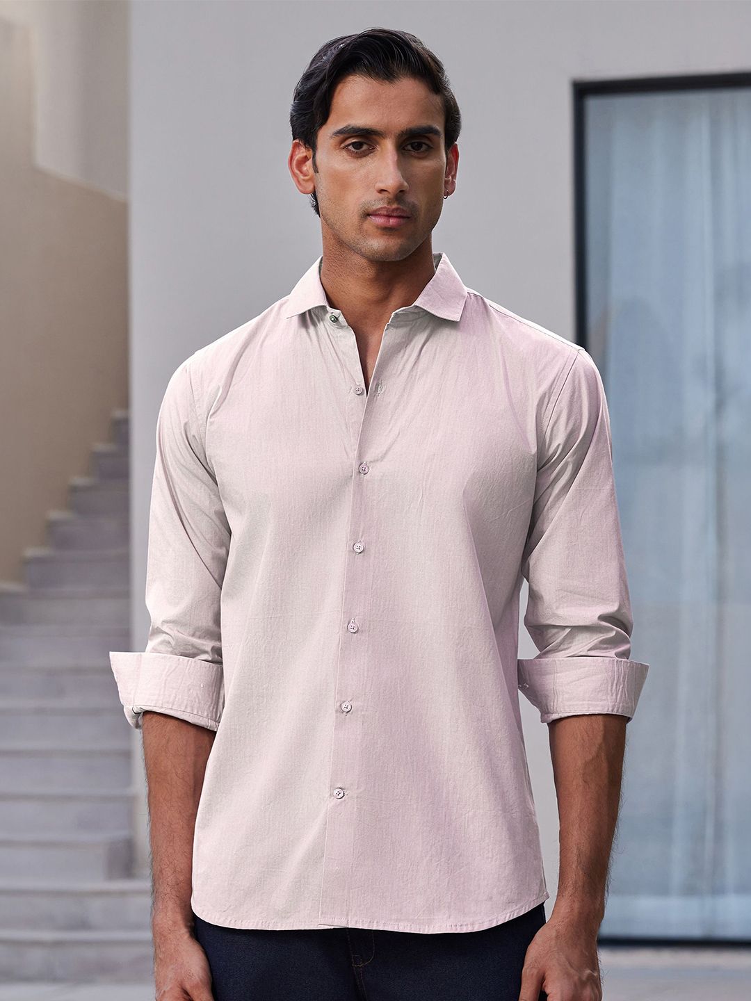 Zeyo Men Relaxed Fit Solid Spread Collar Cotton Casual Shirt