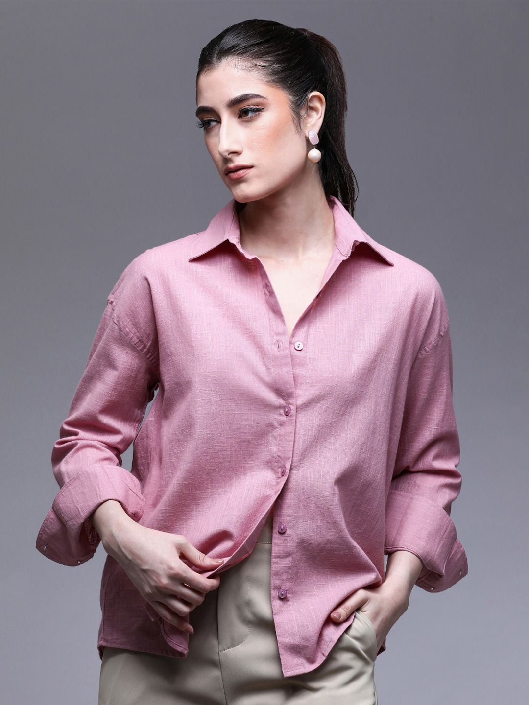 Paper Cut Oversized Cotton Spread Collar Solid Casual Shirt