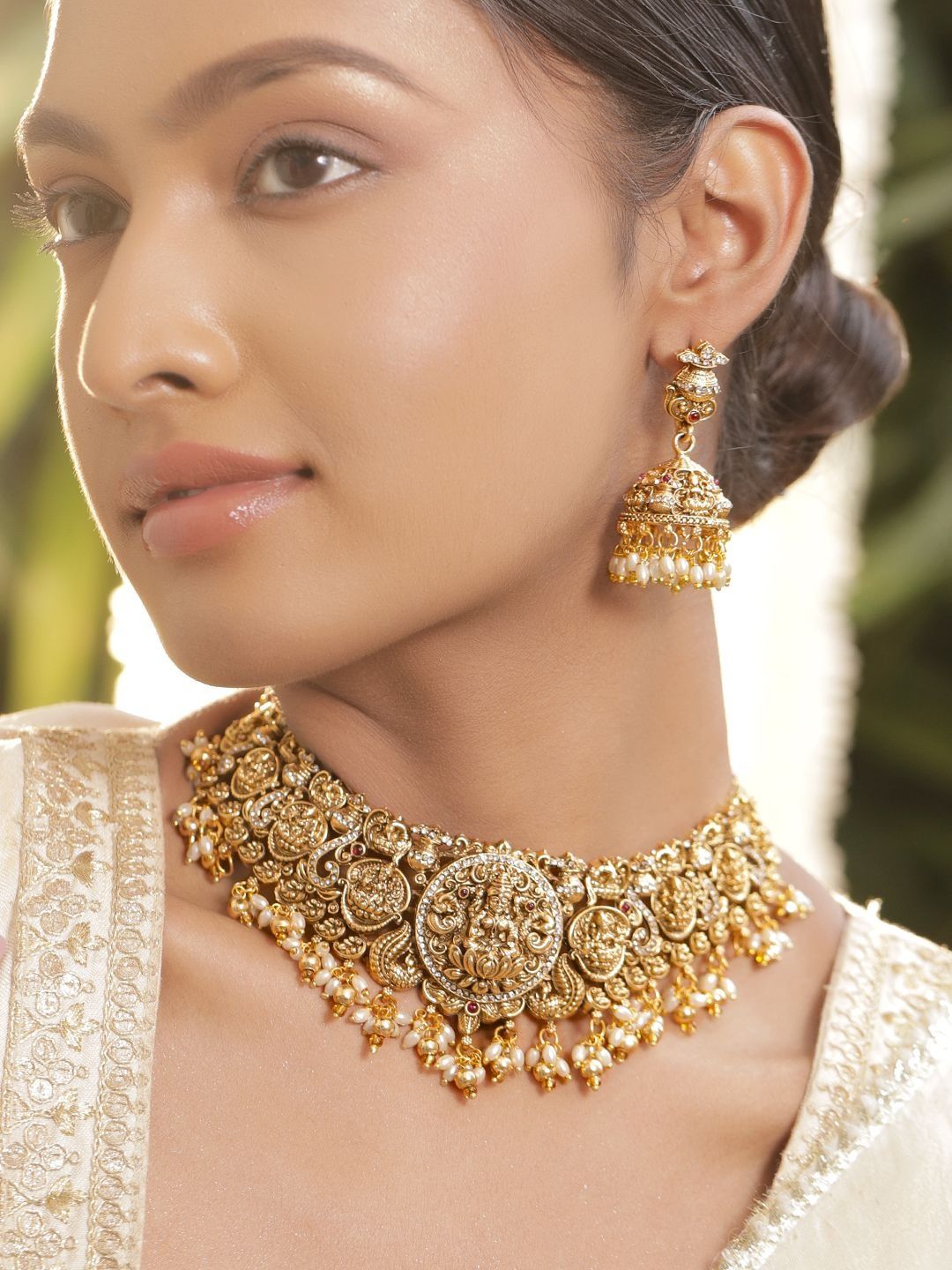 Rubans 22K Gold-Plated Ruby, CZ Studded Temple Choker Necklace Set with Pearls Beads