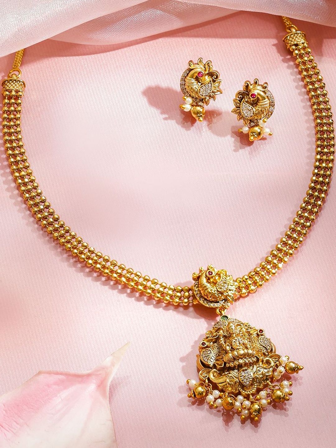 Rubans 18K Gold-Plated Brass Temple Necklace Set with CZ Stones & Bead Drops