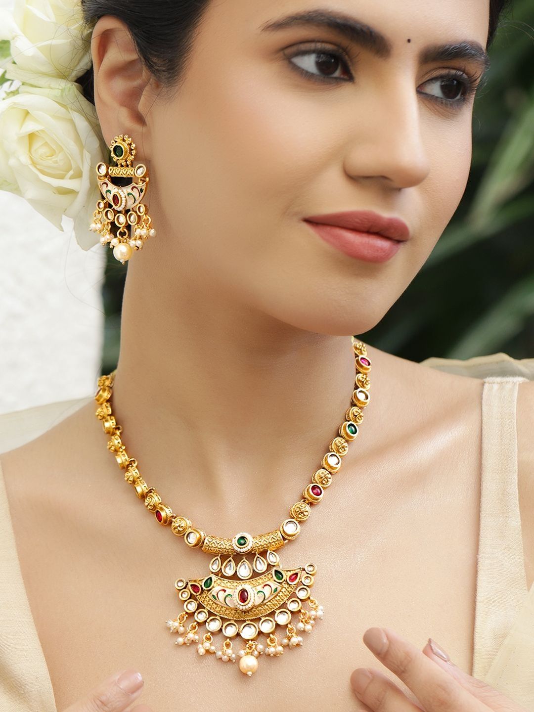 Rubans 22K Gold-Plated Ruby, Emerald & Kundan Necklace Set with Pearl & Beaded Detail