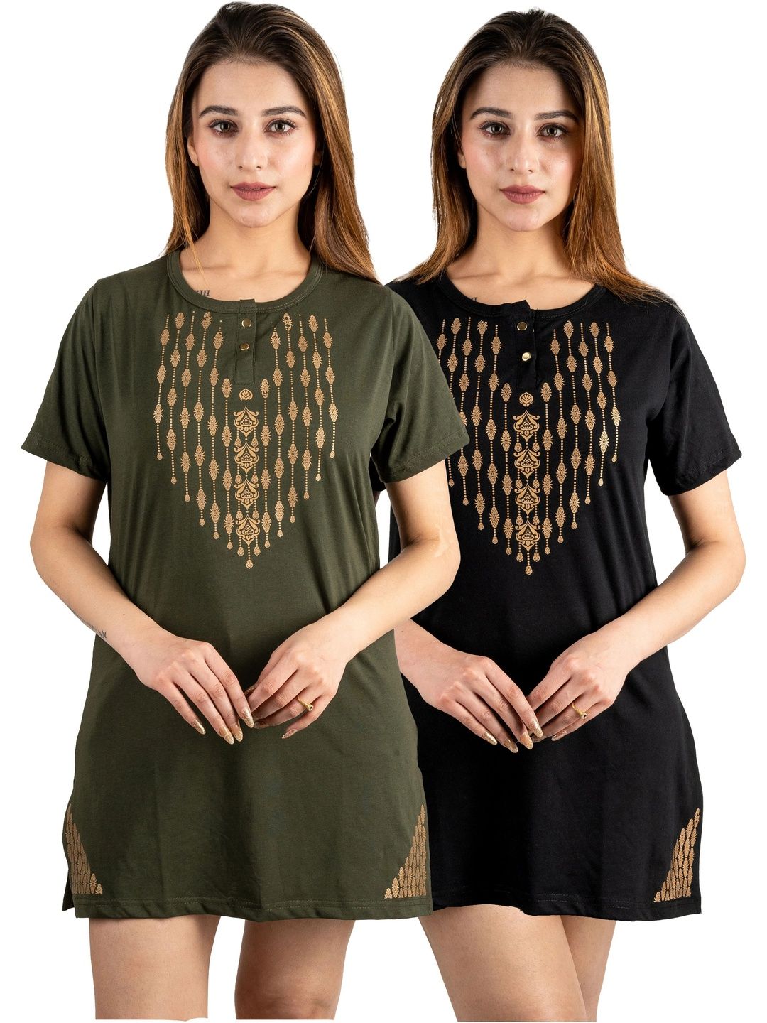 AMAHA FASHIONS Pack Of 2 Printed Round Neck Cotton Lounge Tshirts