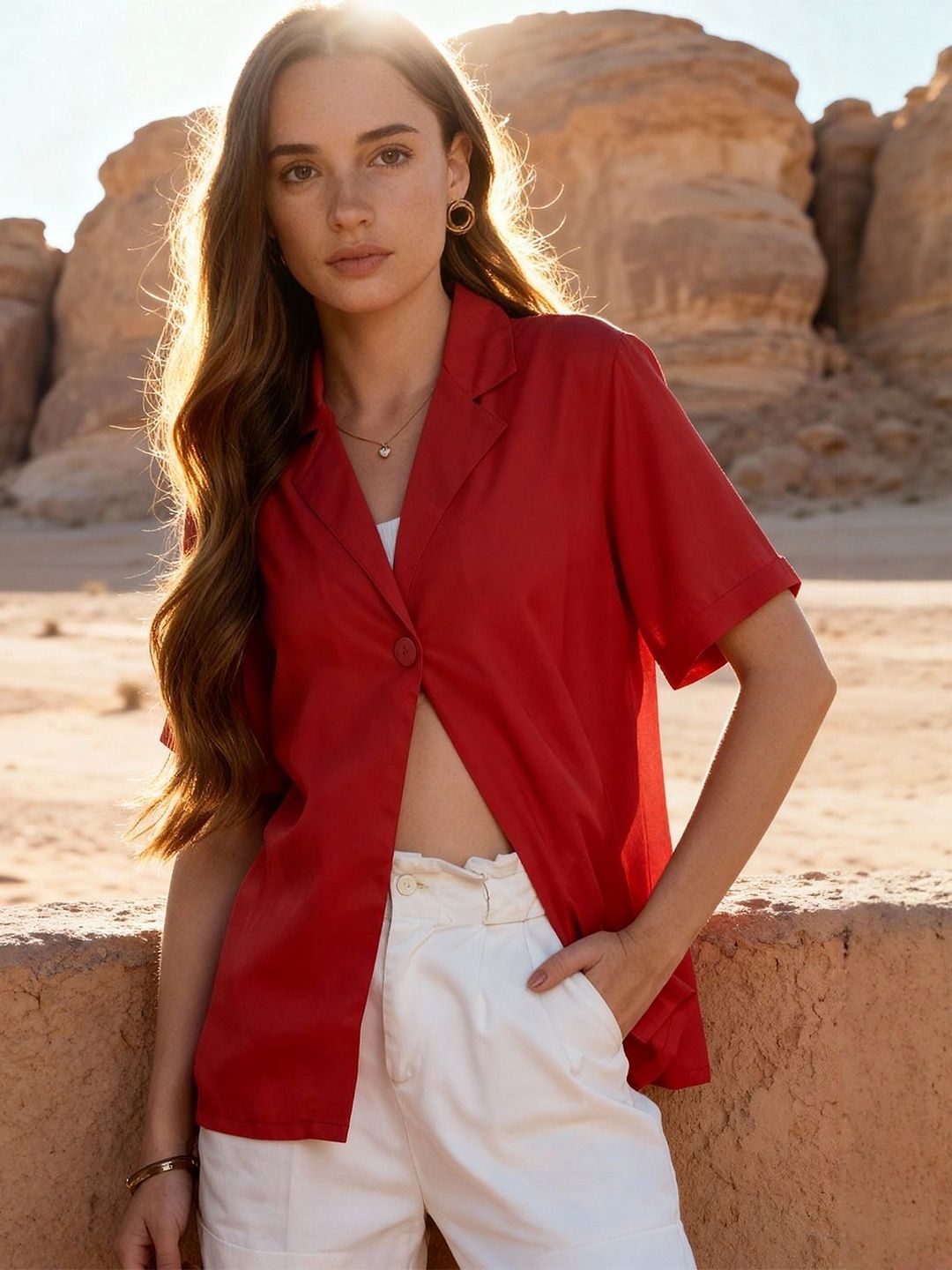 ZYNG Women Red Solid Shirt Collar Top
