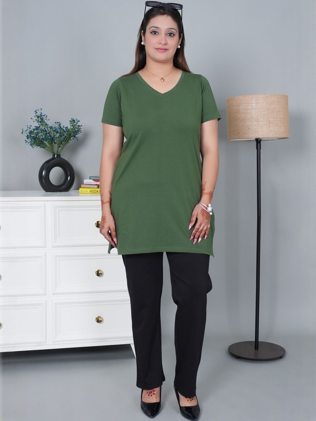 Mlada Women Regular Fit V-Neck Longline Cotton Tshirt with 2 Side Pockets