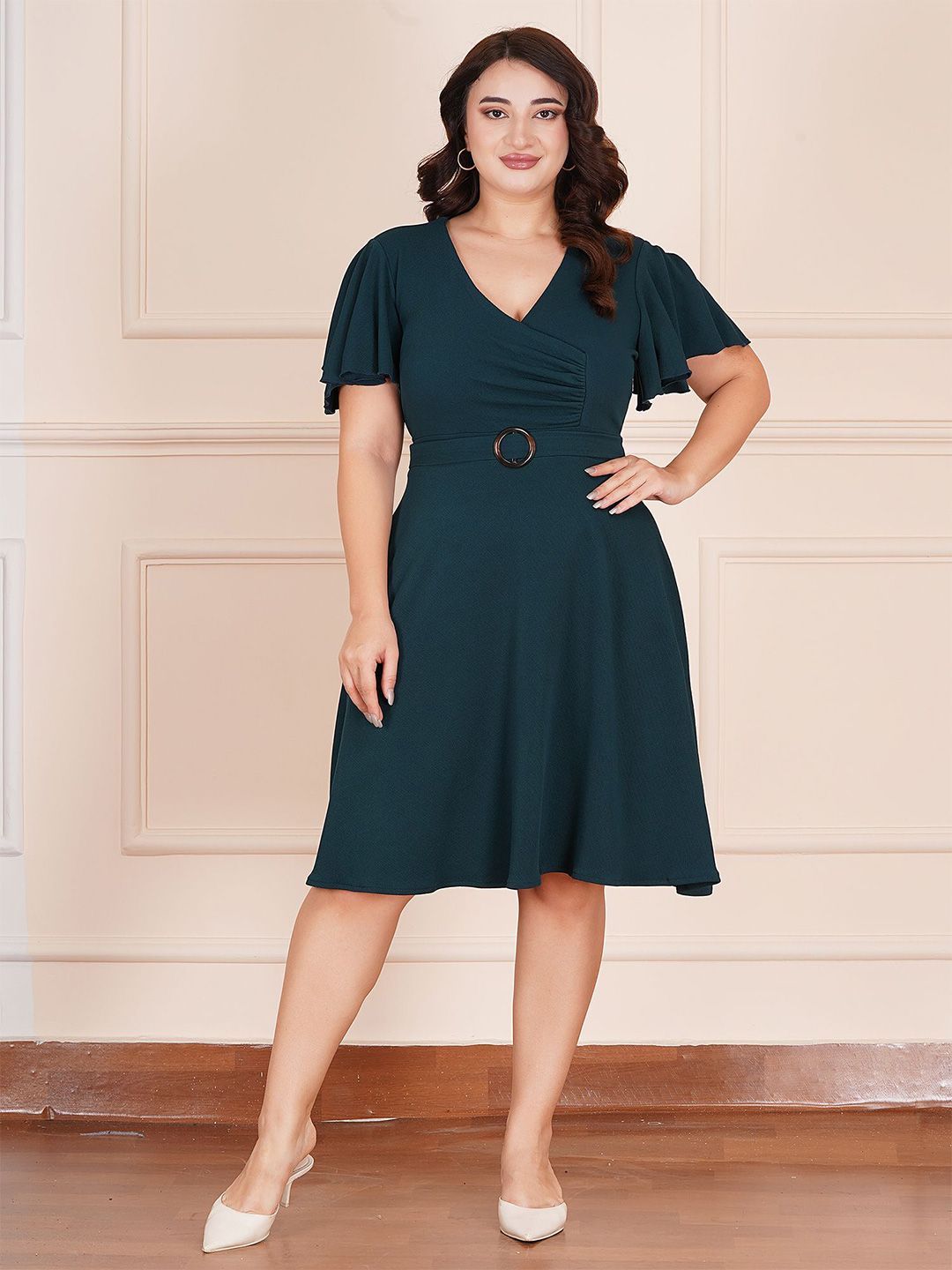 AMEEZA V-Neck Flutter Sleeve Gathered Or Pleated Fit & Flare Cotton Dress