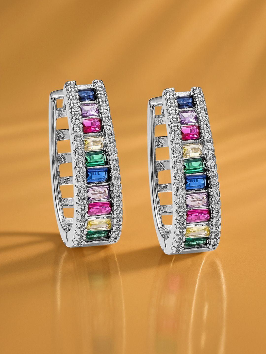 Buy Rubans Rhodium Plated Cubic Zirconia Studded Geometric Hoop Earrings -  - Accessories for Women
