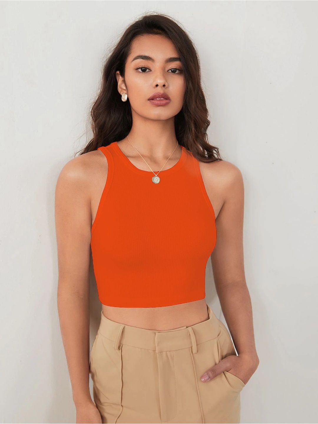 TOOCHKI Ribbed Solid Round Neck Lycra Crop Top