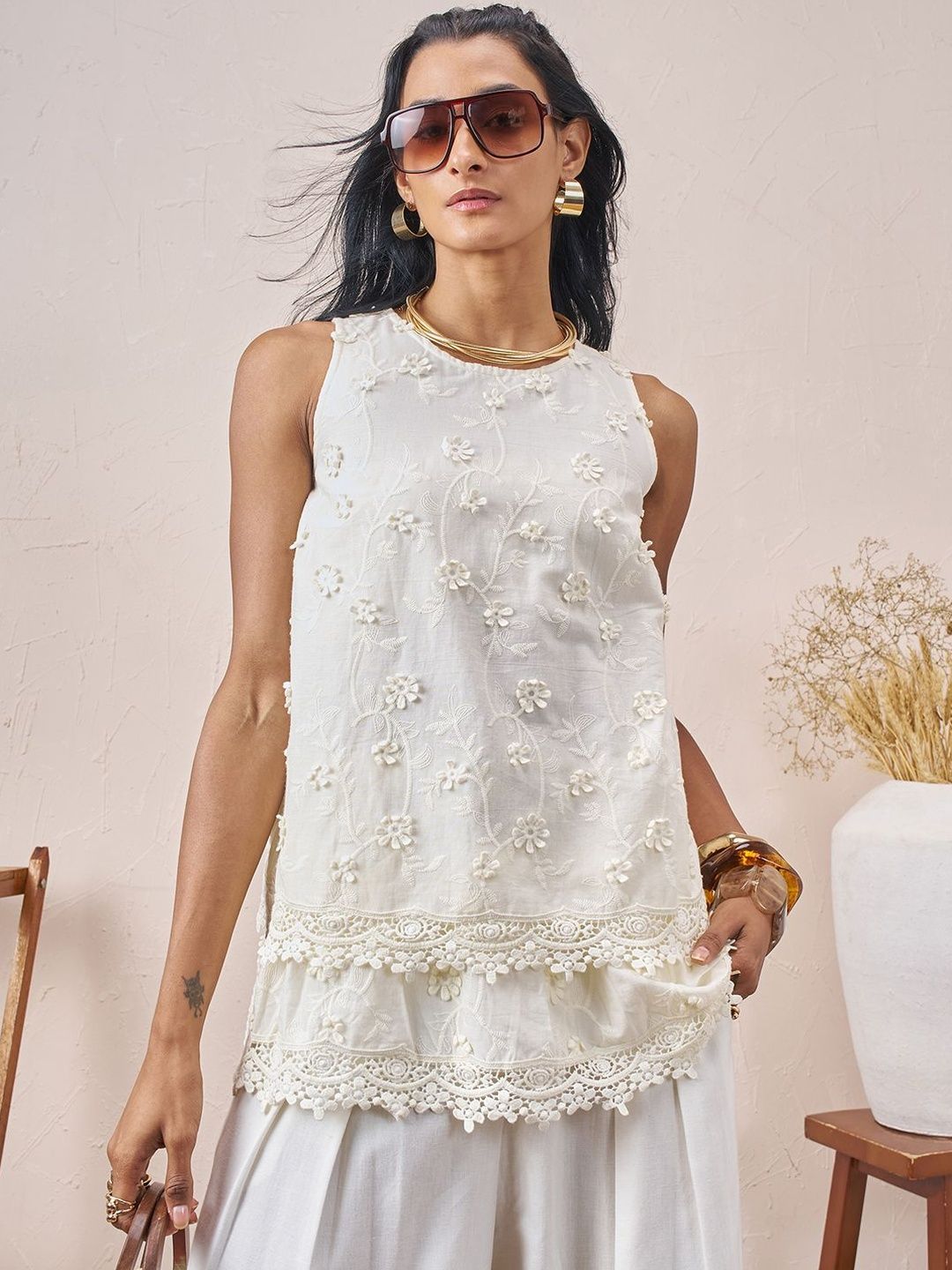 Vara By Vishudh Floral Embroidered Cotton Top