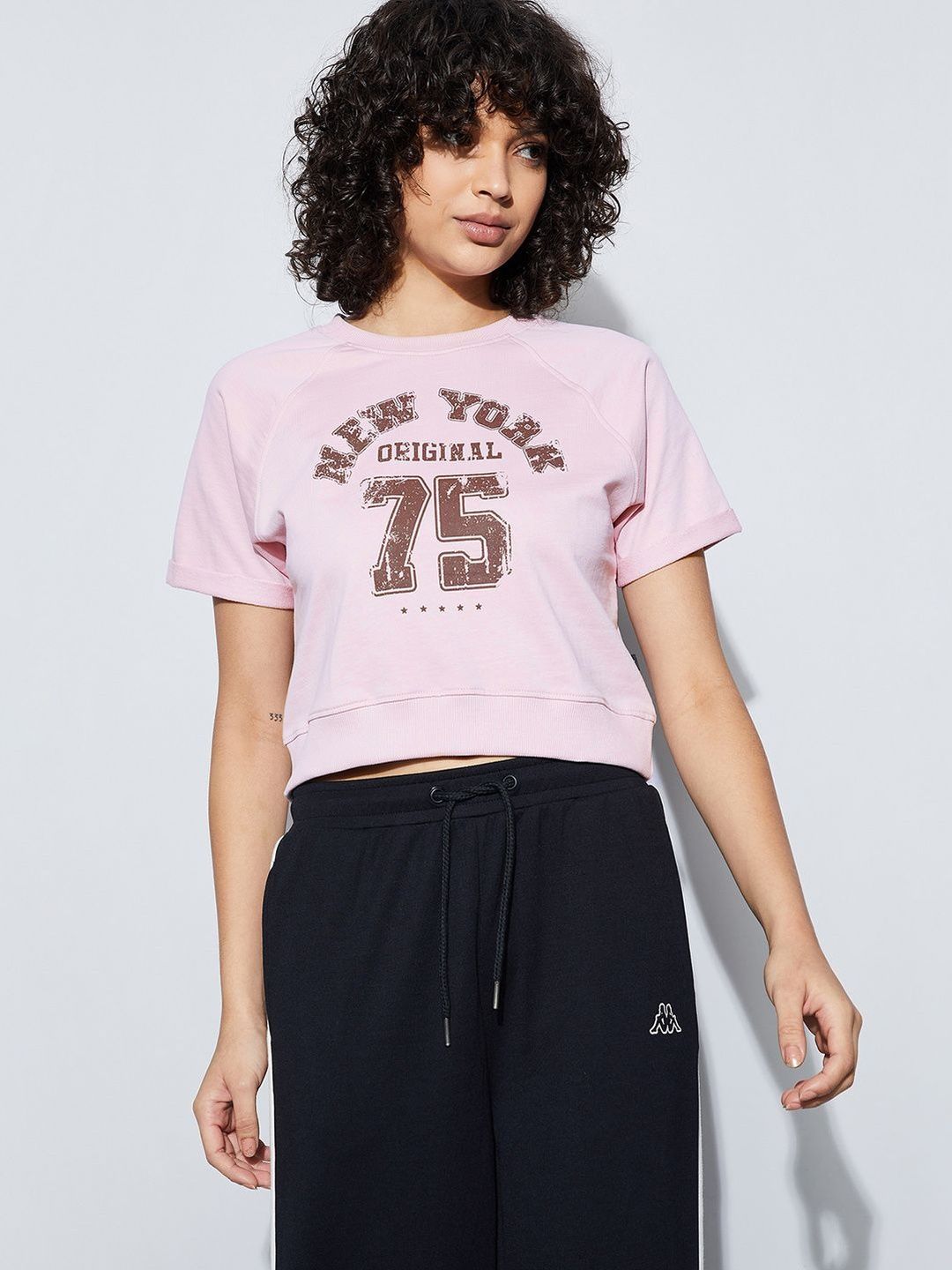 Kappa Women Typography Printed Raglan Sleeves Cotton Crop T-shirt