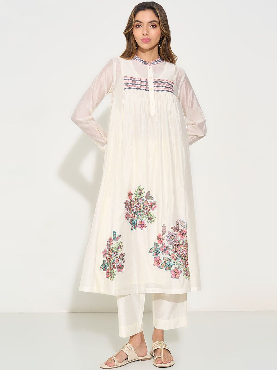 RANGMANCH BY PANTALOONS Women Floral Embroidered Panelled Thread Work Kurta with Trousers