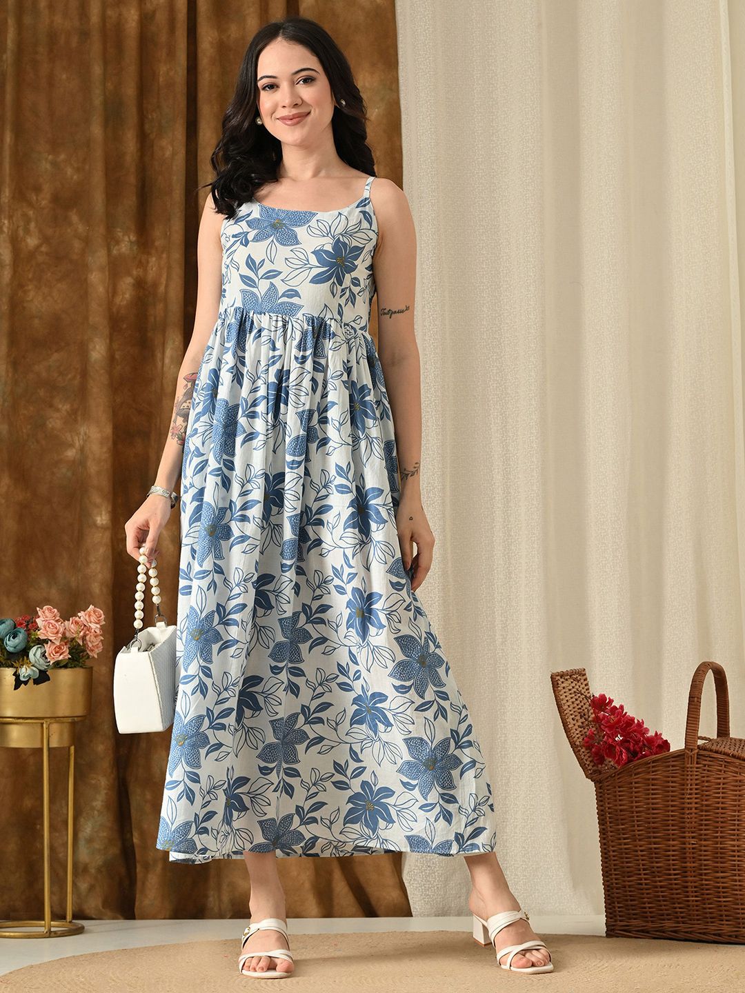 Vishishtah Floral Printed Pure Cotton Round Neck Fit & Flare Midi Dress