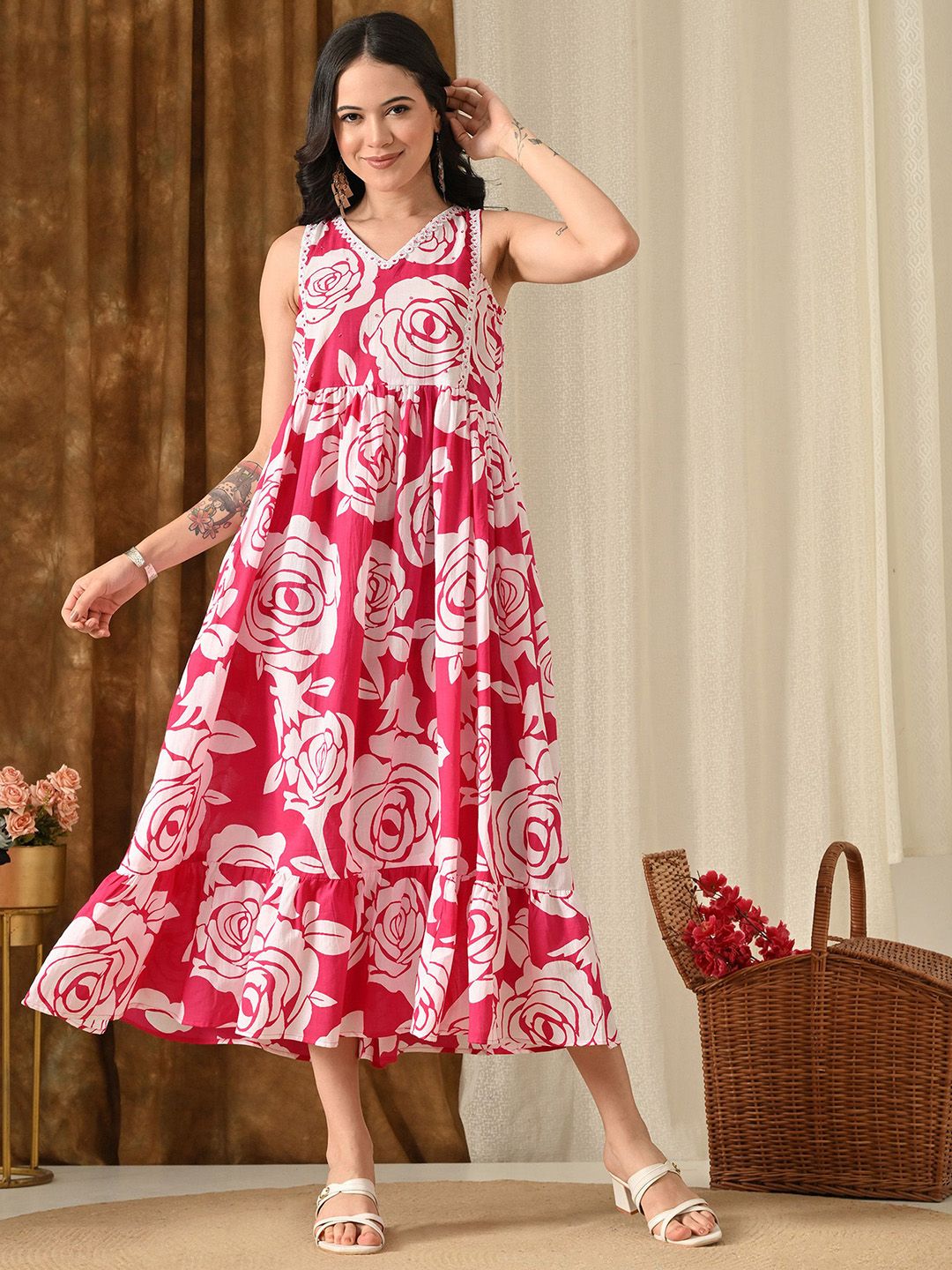 Vishishtah Floral Print Ruffled Fit & Flare Midi Dress
