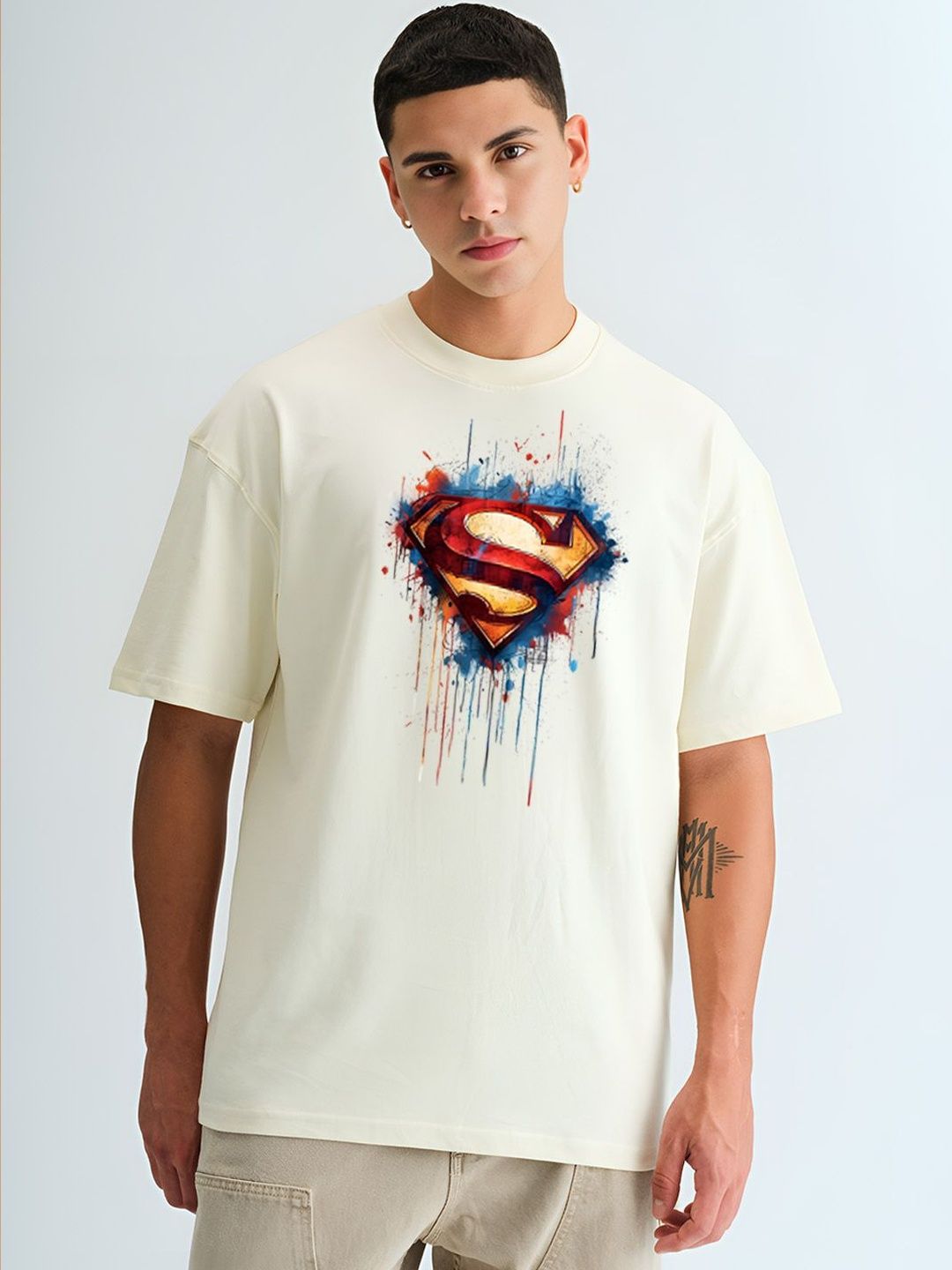 BDSQUARE Men Superman Printed Drop-Shoulder Sleeves T-shirt