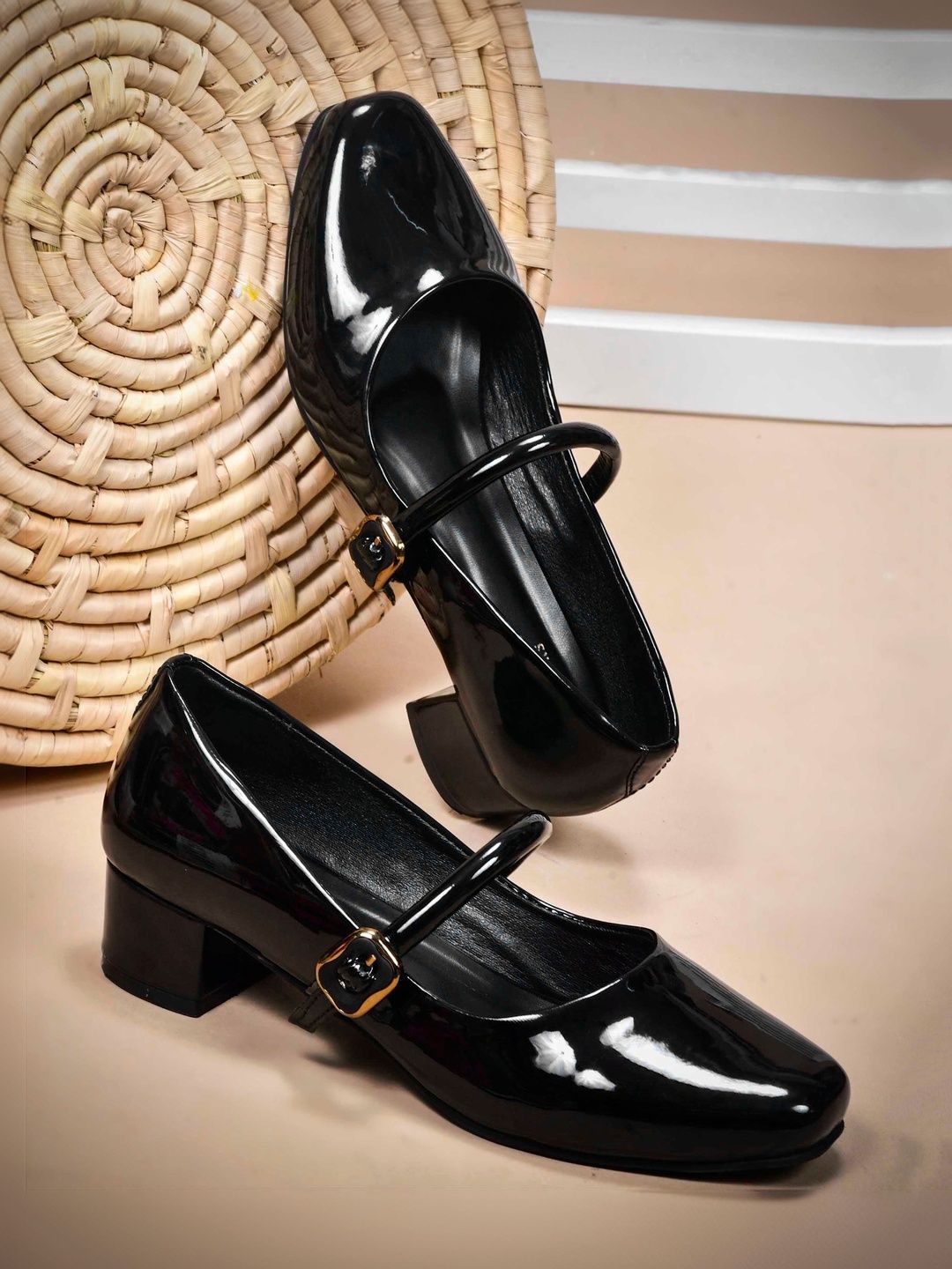 JM Looks Ankle Strap Patent Embellished Round Toe Block Mary Janes