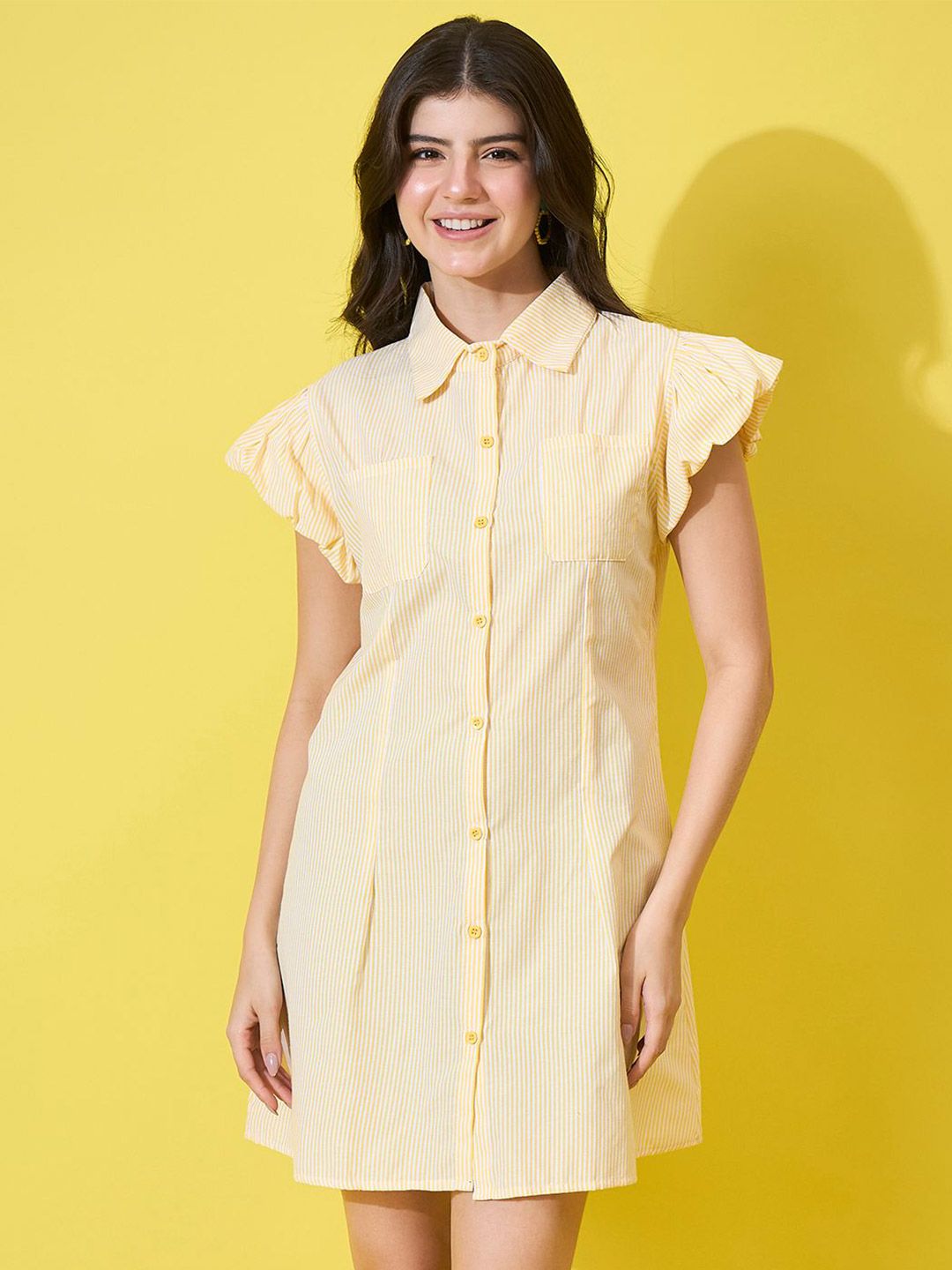 IQOA Striped Flutter Sleeve Shirt Dress