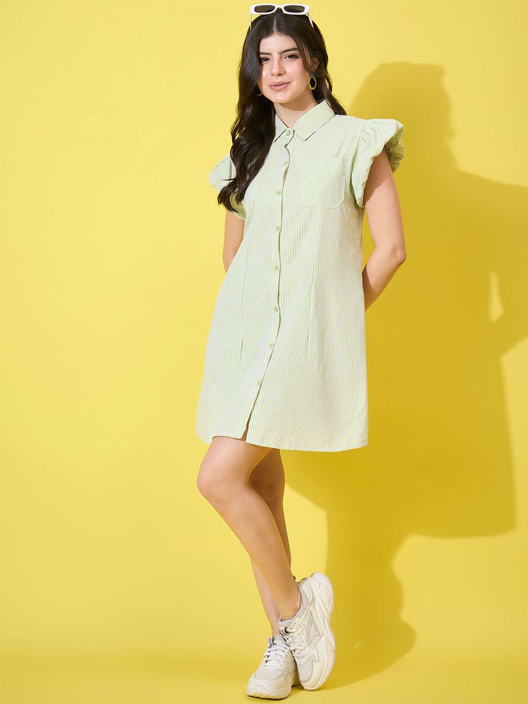 IQOA Striped Flutter Sleeve Ruffled Dress