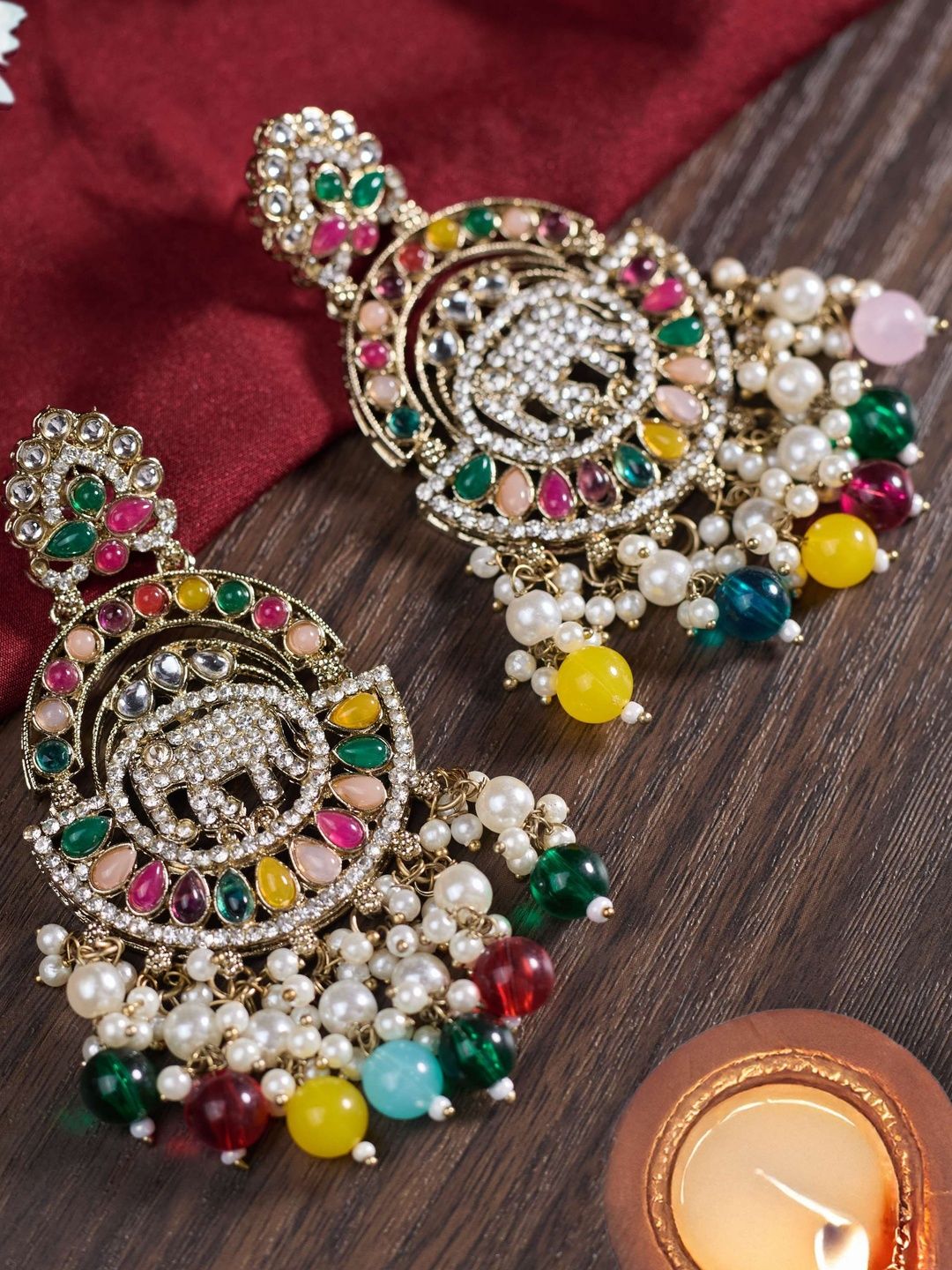 zarmar fashion Gold-Plated Stones Studded & Beaded Crescent Shaped Chandbalis