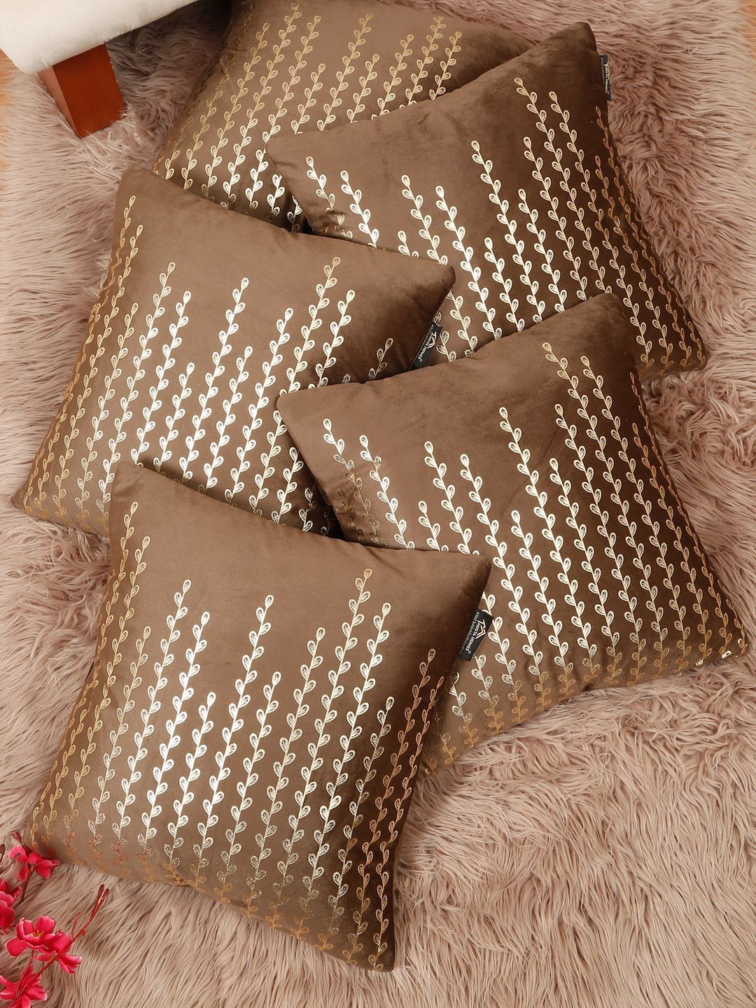 HOSTA HOMES Brown & Gold-Toned Set of 5 Floral Velvet Square Cushion Covers