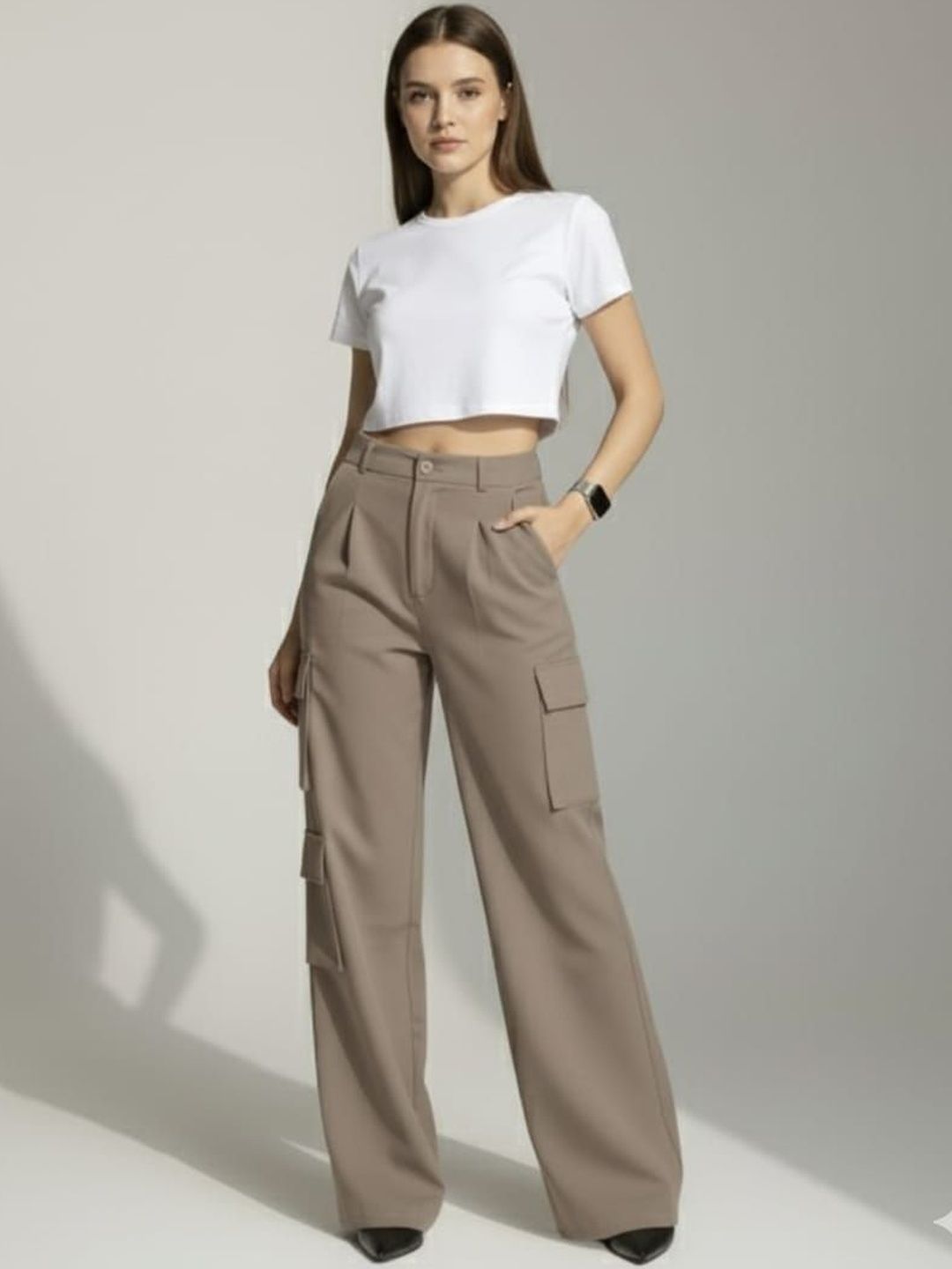HIGH BUY Women Tailored High-Rise Cargos Trousers