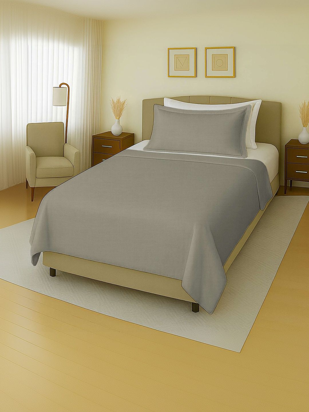 MAYFAIR HOMES LONDON Grey 144 TC Single Bedsheet with 1 Pillow Covers