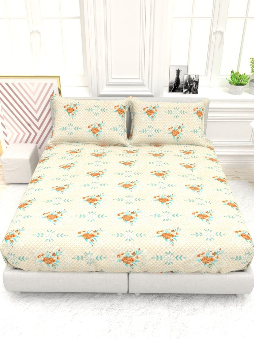 The White Moss Peach And Cream 210TC Double Size Bedsheet With 2 Pillow Covers