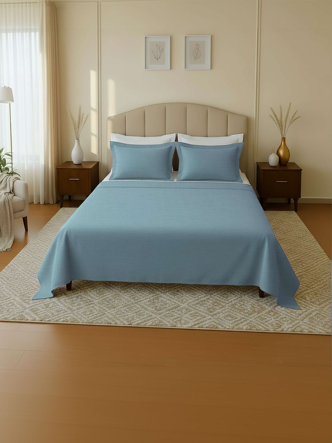 MAYFAIR HOMES LONDON Blue 144 TC Queen Bedsheet with 2 Pillow Covers
