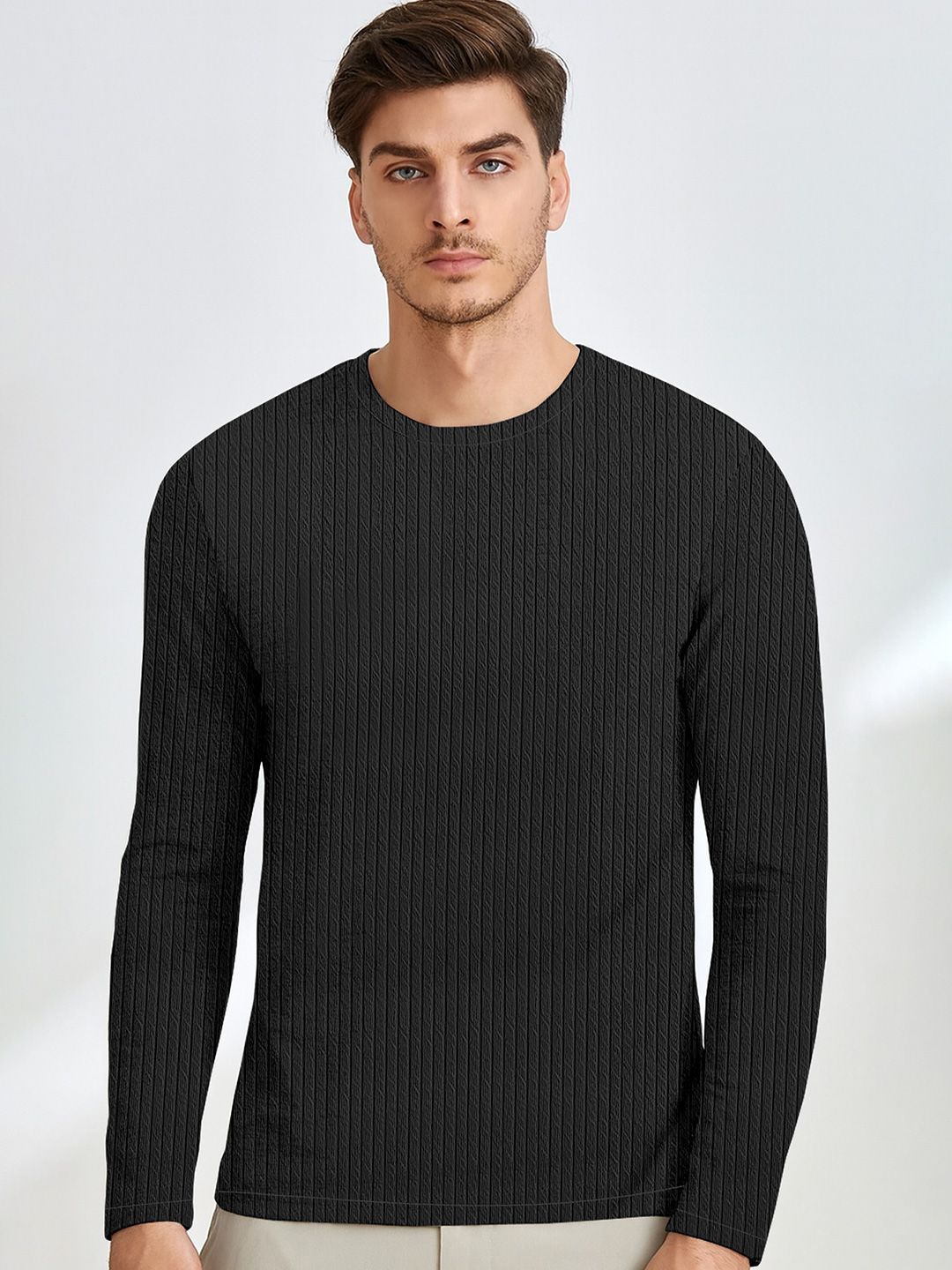 KAJARU Men Self Design Round Neck T-shirt