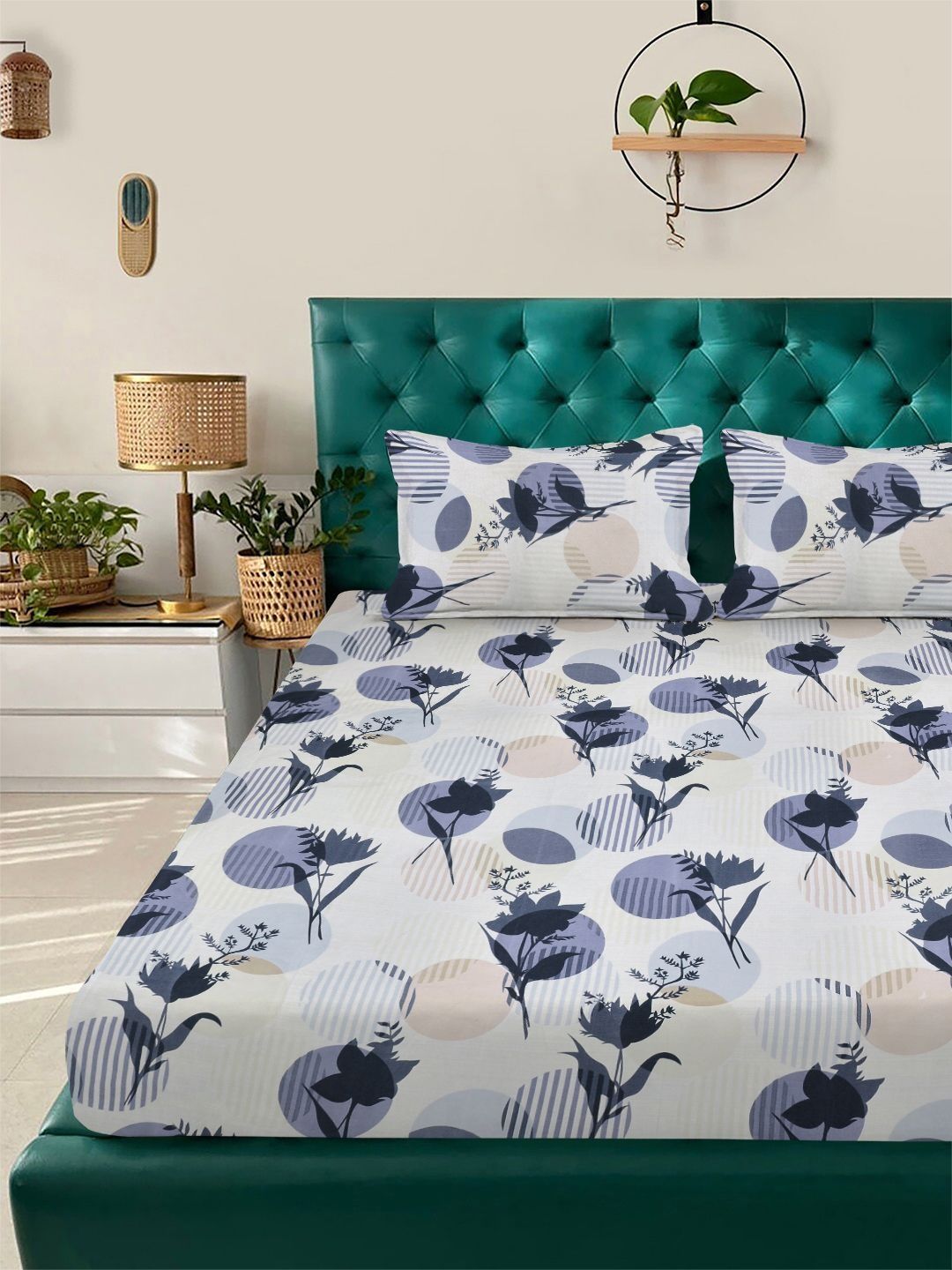 Buy KLOTTHE Blue Floral Print Fitted 300 TC Cotton Blend Double King Bedsheet & 2 Pillow Cover -  - Home for Unisex