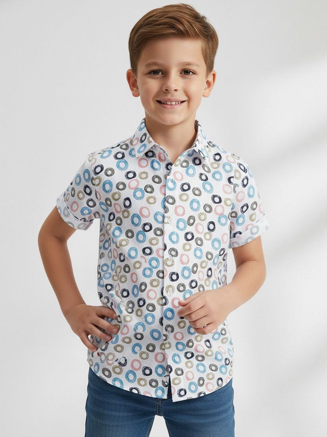 BAESD Boys Geometric Printed Spread Collar Cotton Shirt
