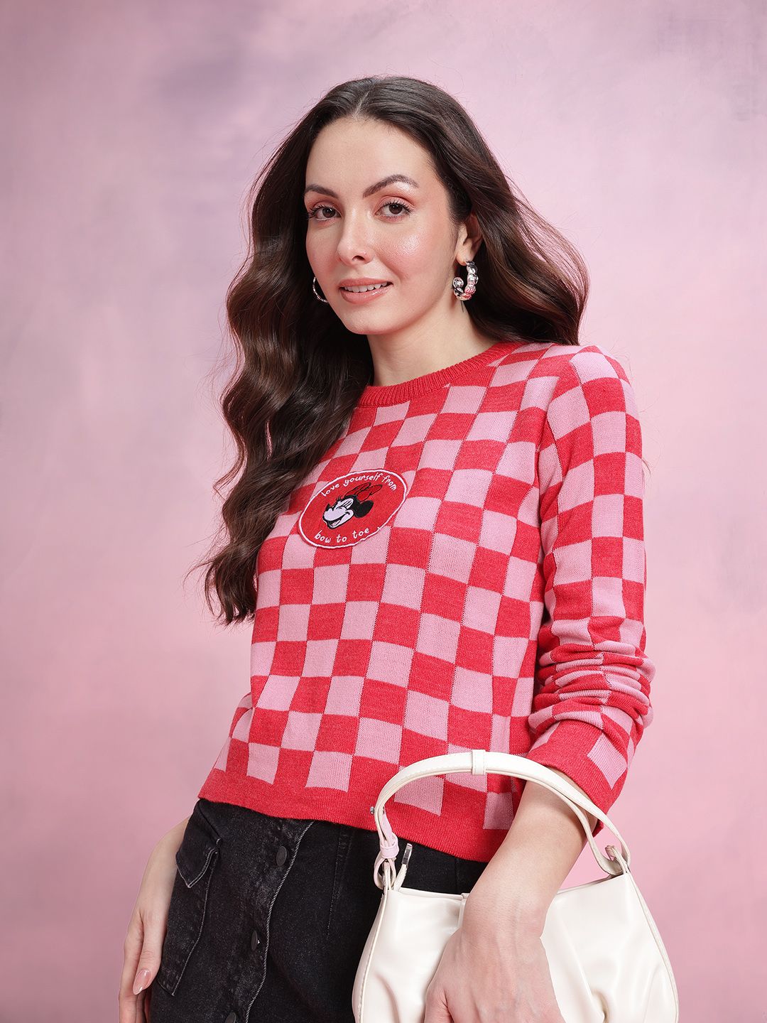 DressBerry  Checked Self Design Pullover with Applique Detail