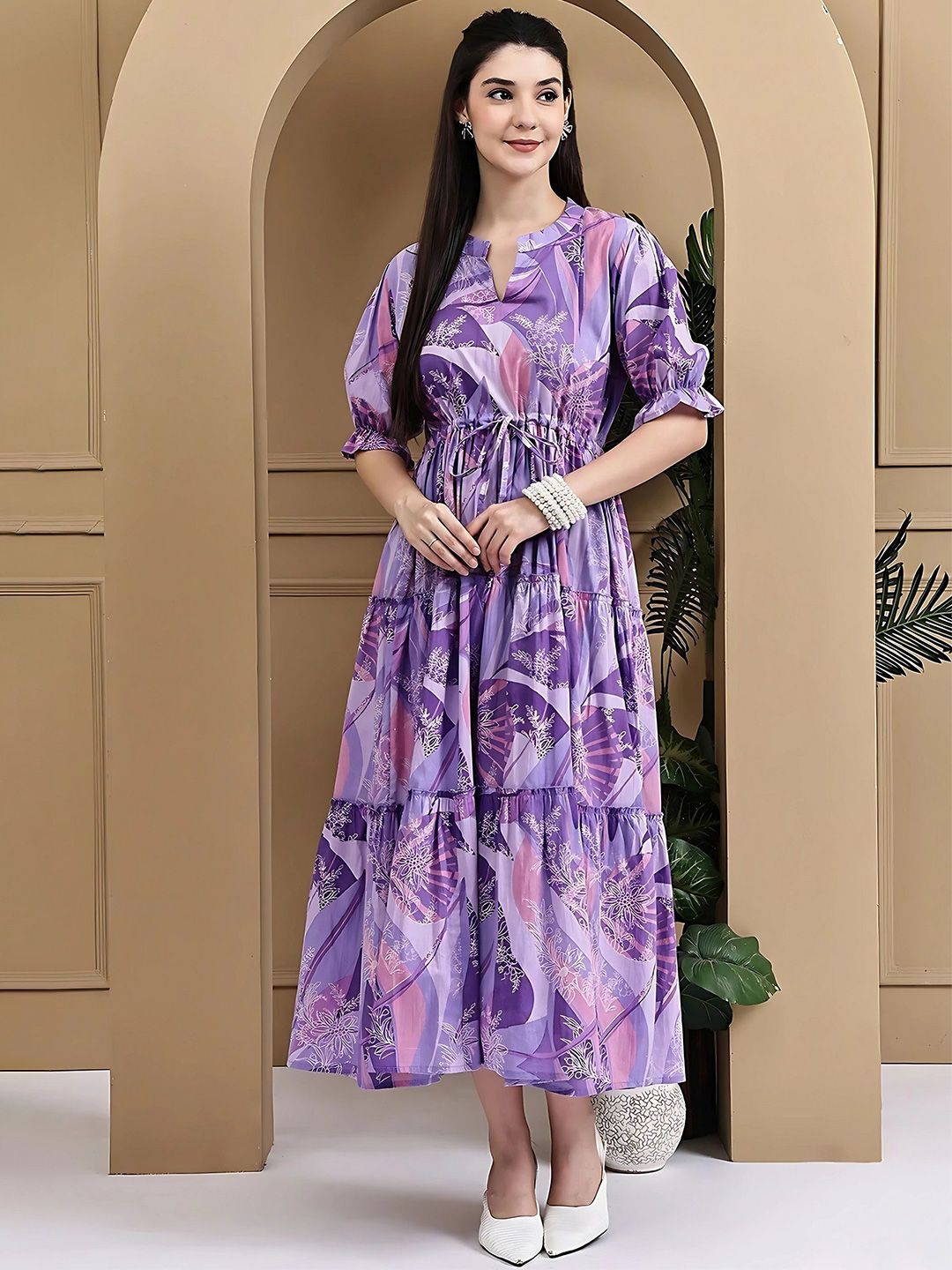 PTVIZE Abstract Printed V-Neck Gathered Or Pleated Puff Sleeves A-Line Midi Dress