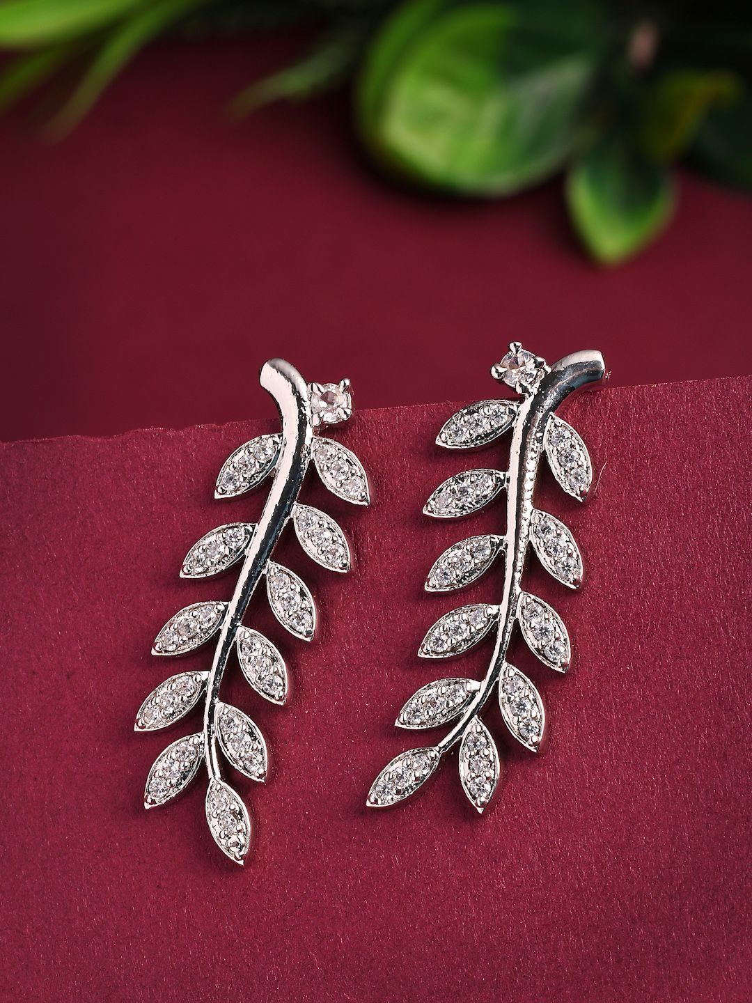 Buy ZENEME Rhodium Plated American Diamond Studded Leaf Shaped Ear Cuff -  - Accessories for Women