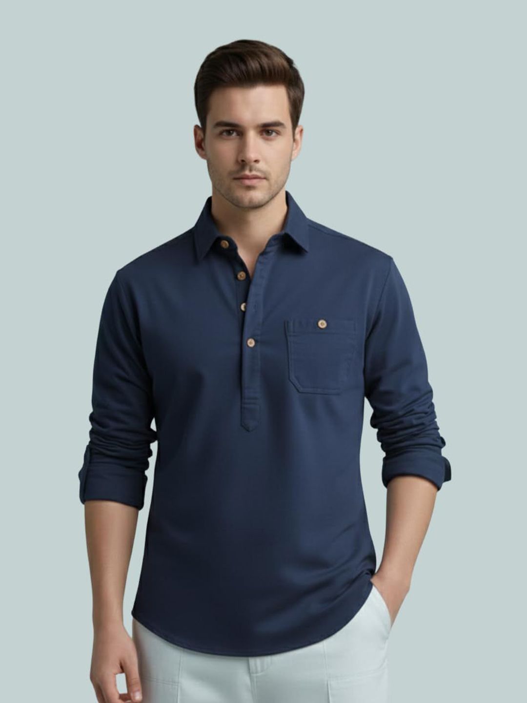 Vida Loca Shirt Collar Roll-Up Sleeves Cotton Straight Kurtas