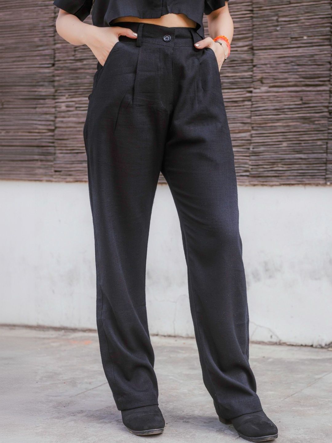 JAVINISHKA Women Relaxed Straight Leg High-Rise Pleated Korean Pants