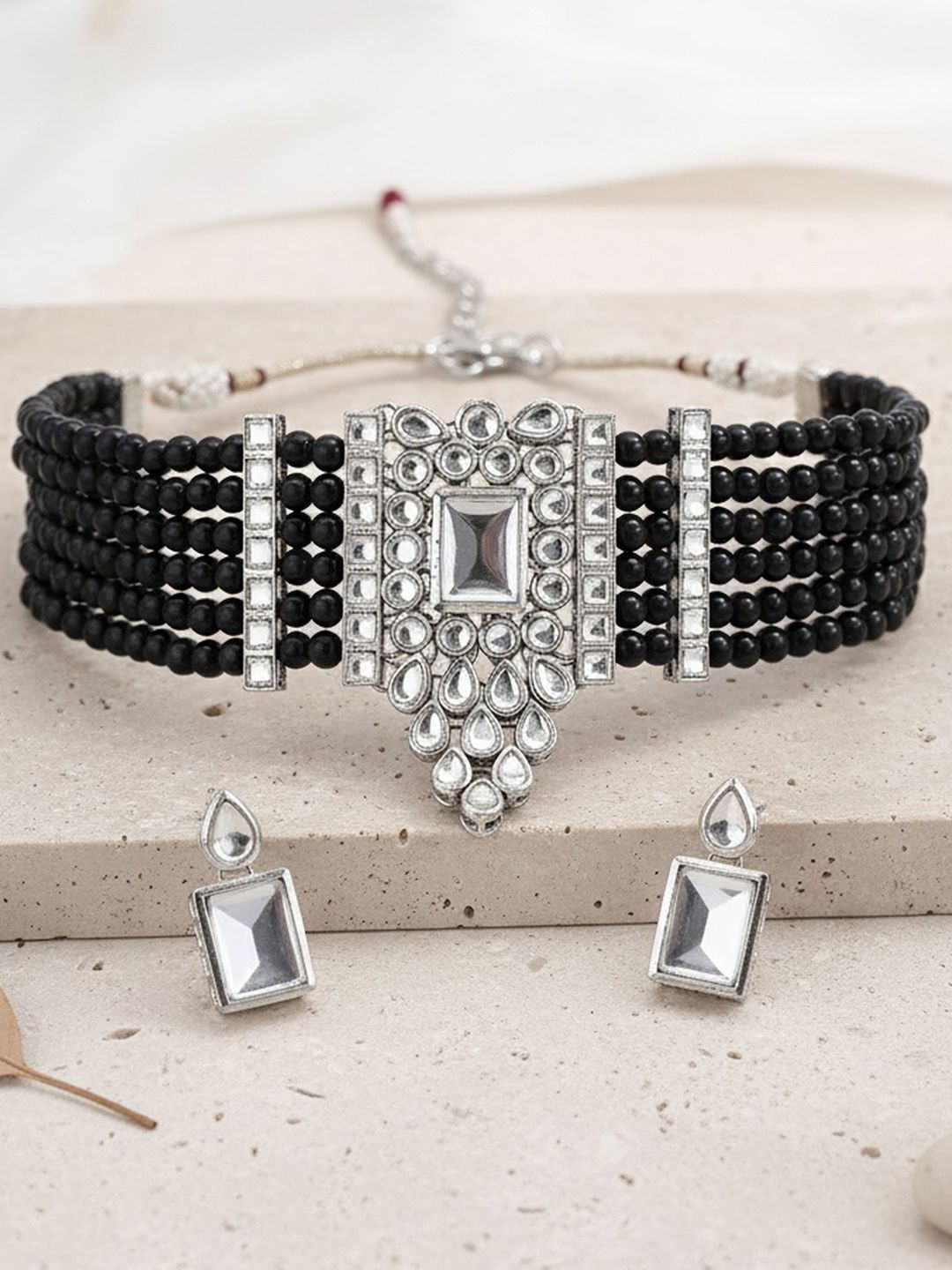 KARATCART Silver Plated Black Beaded Jewellery Set