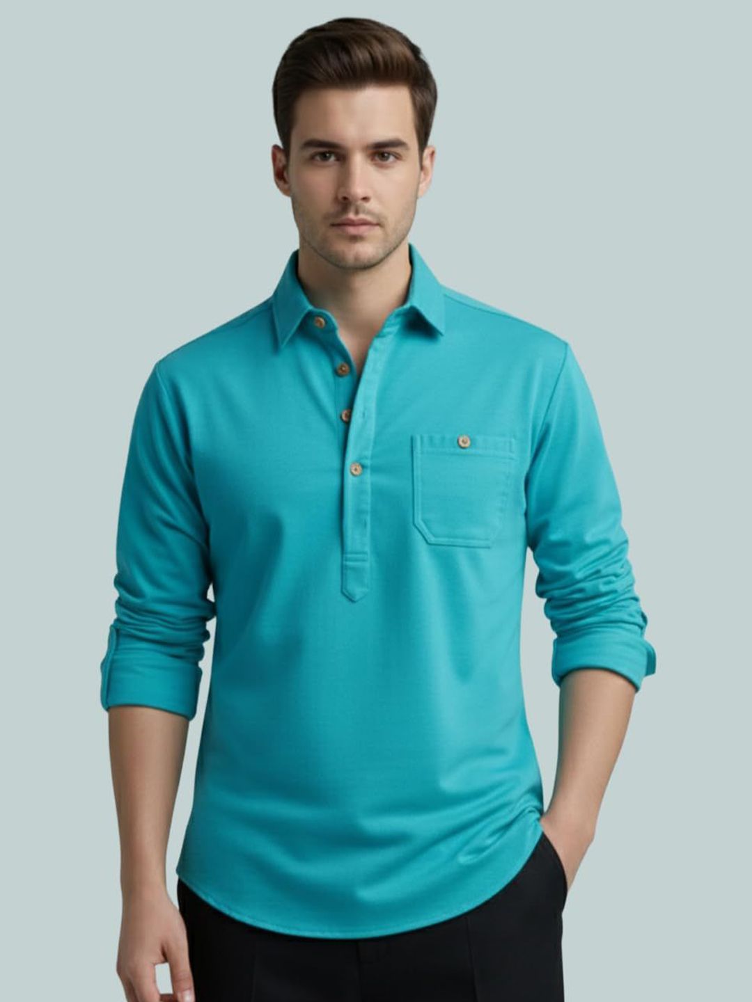 Vida Loca Men Shirt Collar Long Sleeves Above Knee Cotton Kurta