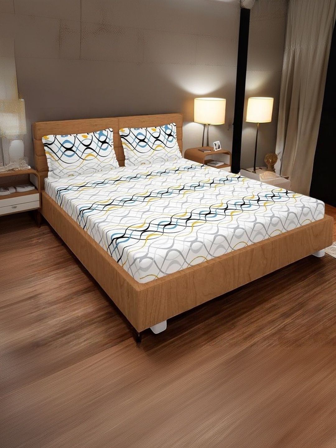Homybees White Abstract 220 TC Superfine Fitted Double Bedsheet with Pillow Covers - 72"x78"