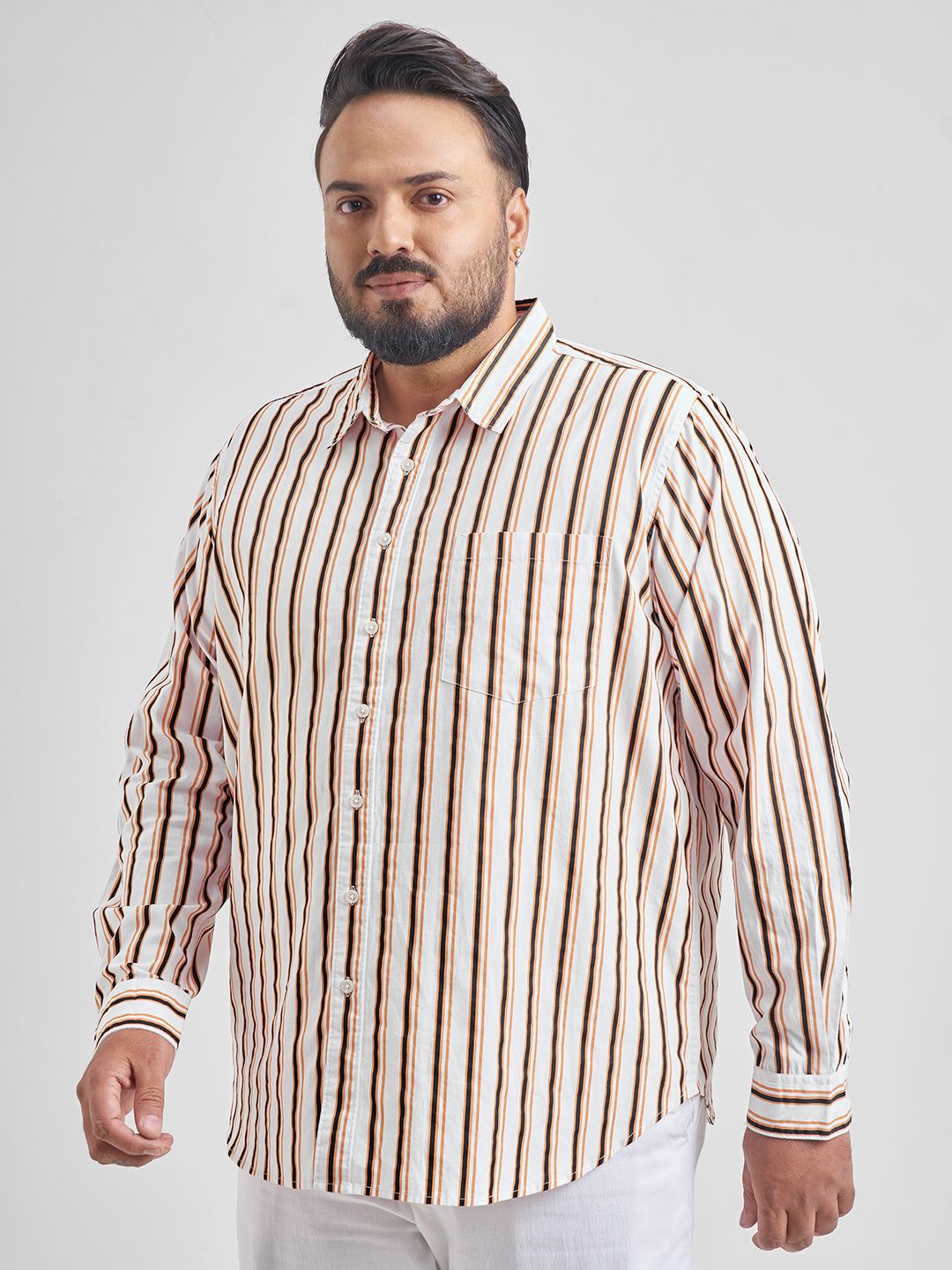 HIGHLANDER Men Plus Size Slim Fit Vertical Striped Spread Collar Cotton Casual Shirt