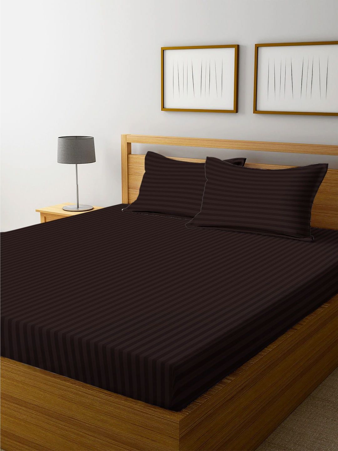 LUZDECOR Brown Striped Satin 240 TC King Bedsheet Set 2.74 m x 2.74 m