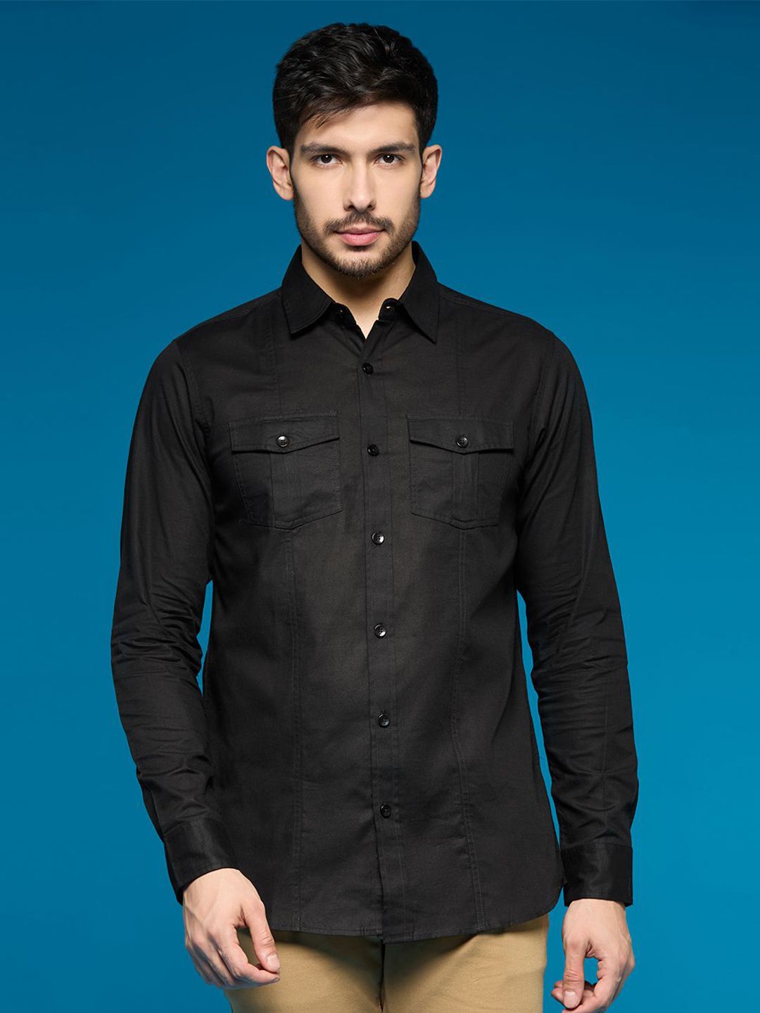 NEON CHILLIE Cotton Linen Flap Pocket Detail Smart Slim Fit Shirt