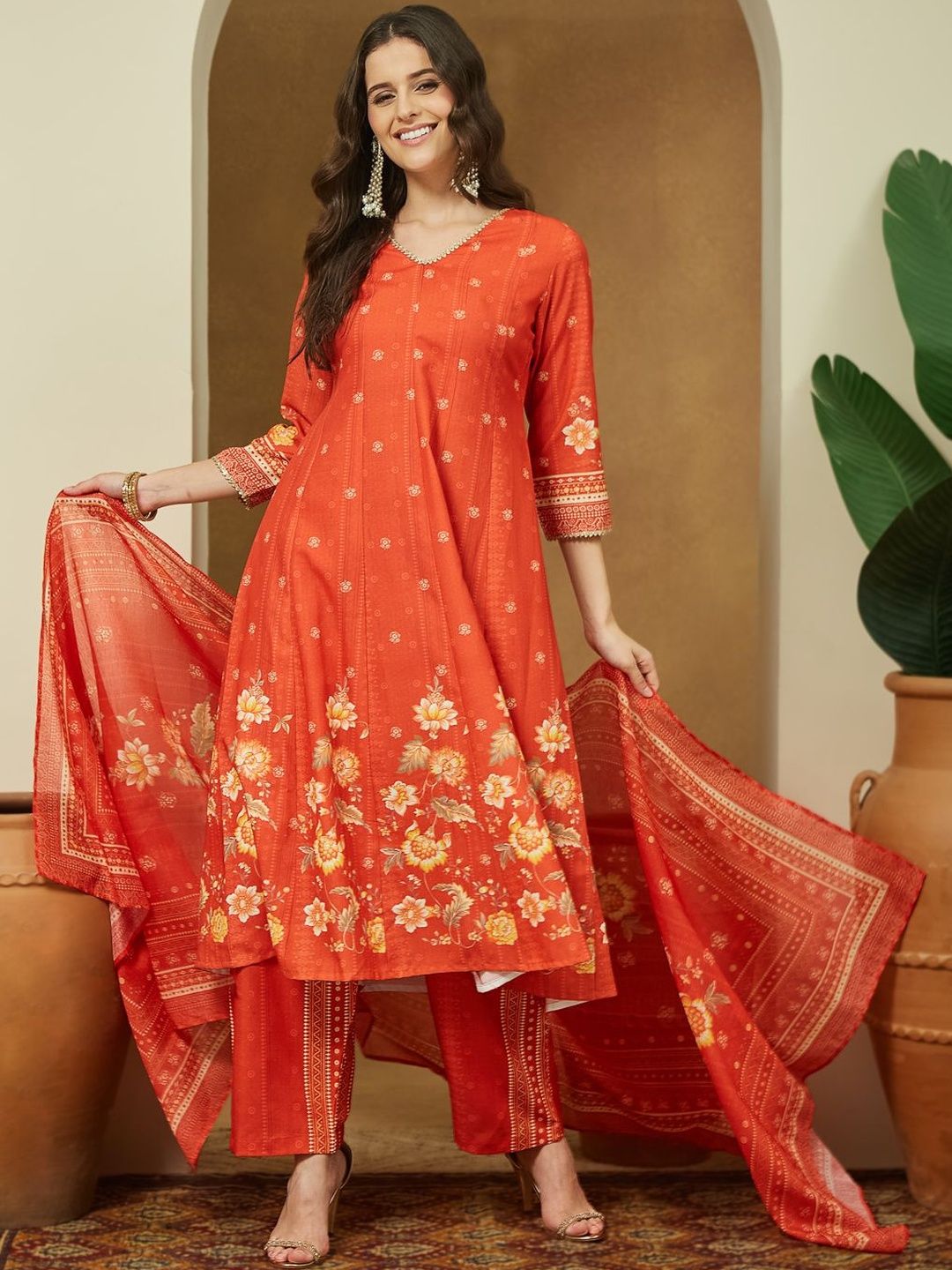 Janasya Floral Printed Panelled Gotta Patti A-Line Kurta With Trousers & Dupatta Set