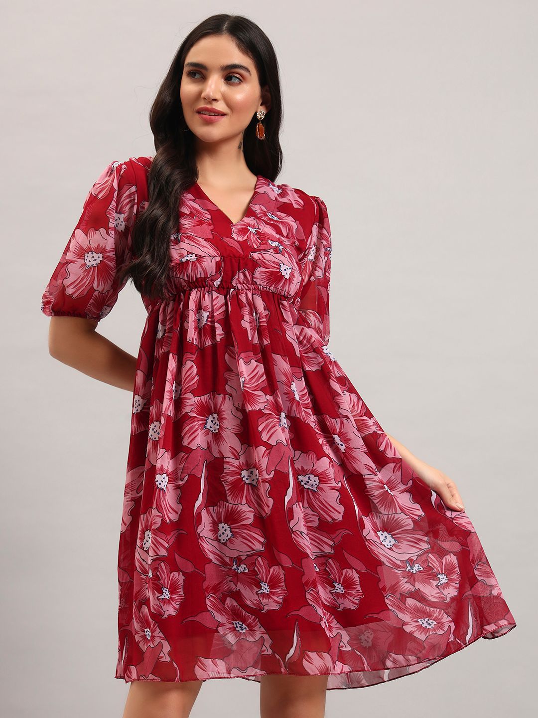 ROSEMELON Women V-Neck Floral Print Puff Sleeve A-Line Dress