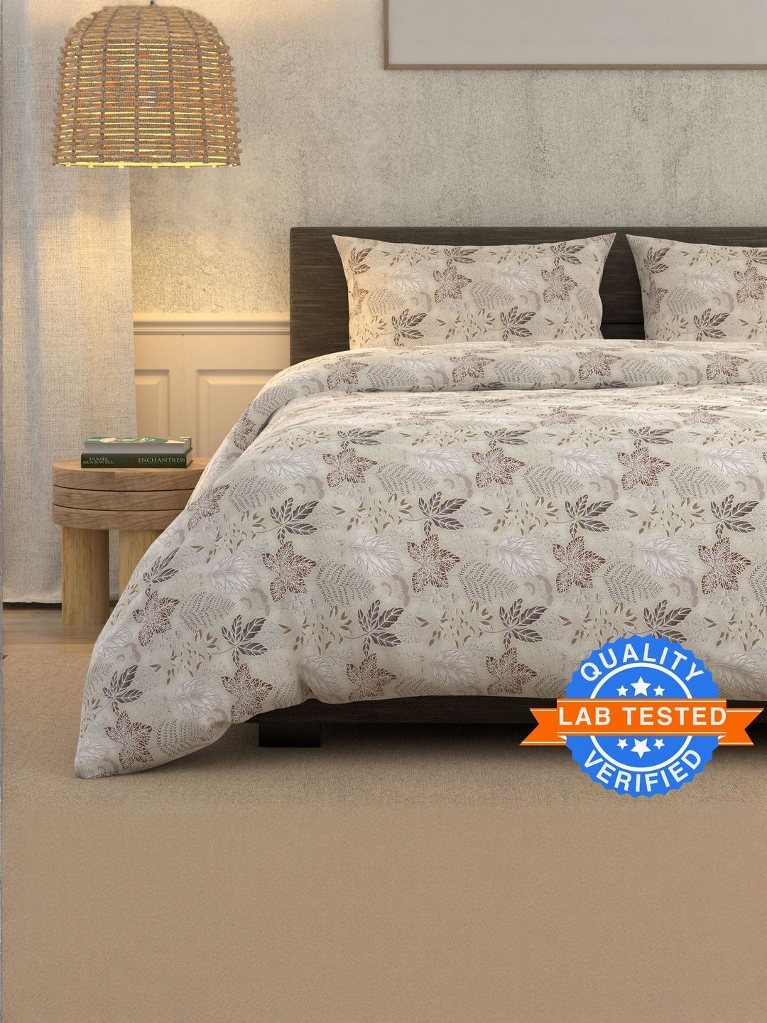 LA VERNE Off White And Brown Floral 180 TC King Bedsheet With 2 Pillow Covers