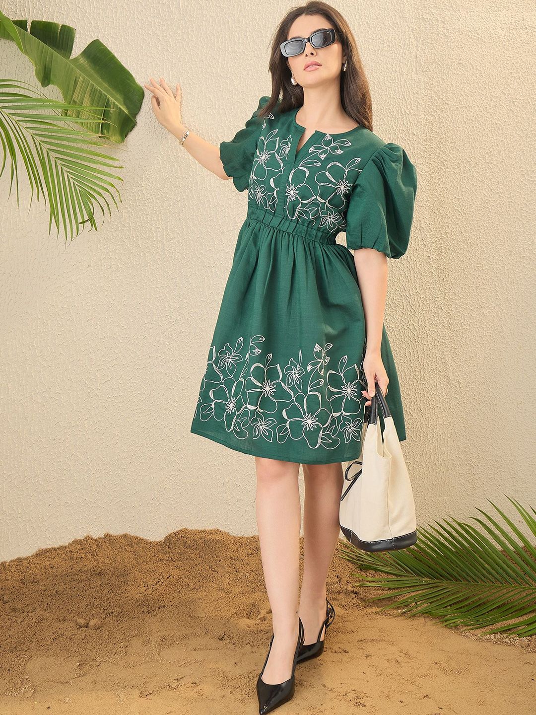 OCTICS Floral Embroidered Puff Sleeve Fit & Flare Mini Dress