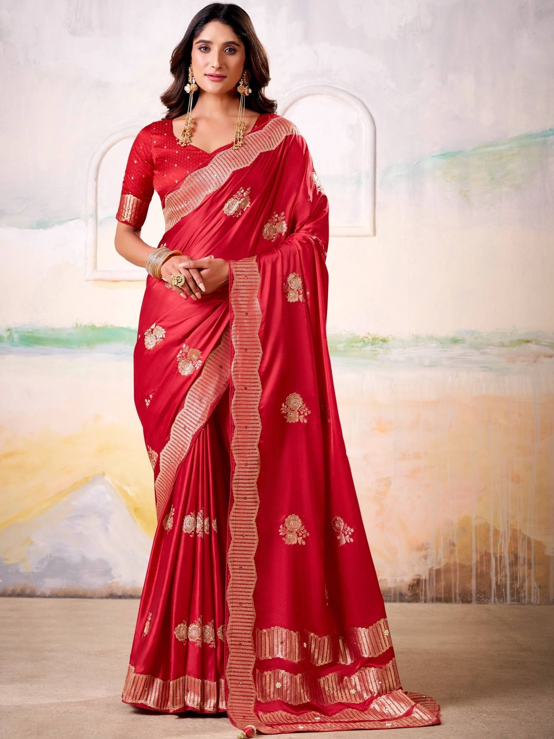 HERE&NOW Embellished Embroidered Zari Satin Kanjeevaram Saree