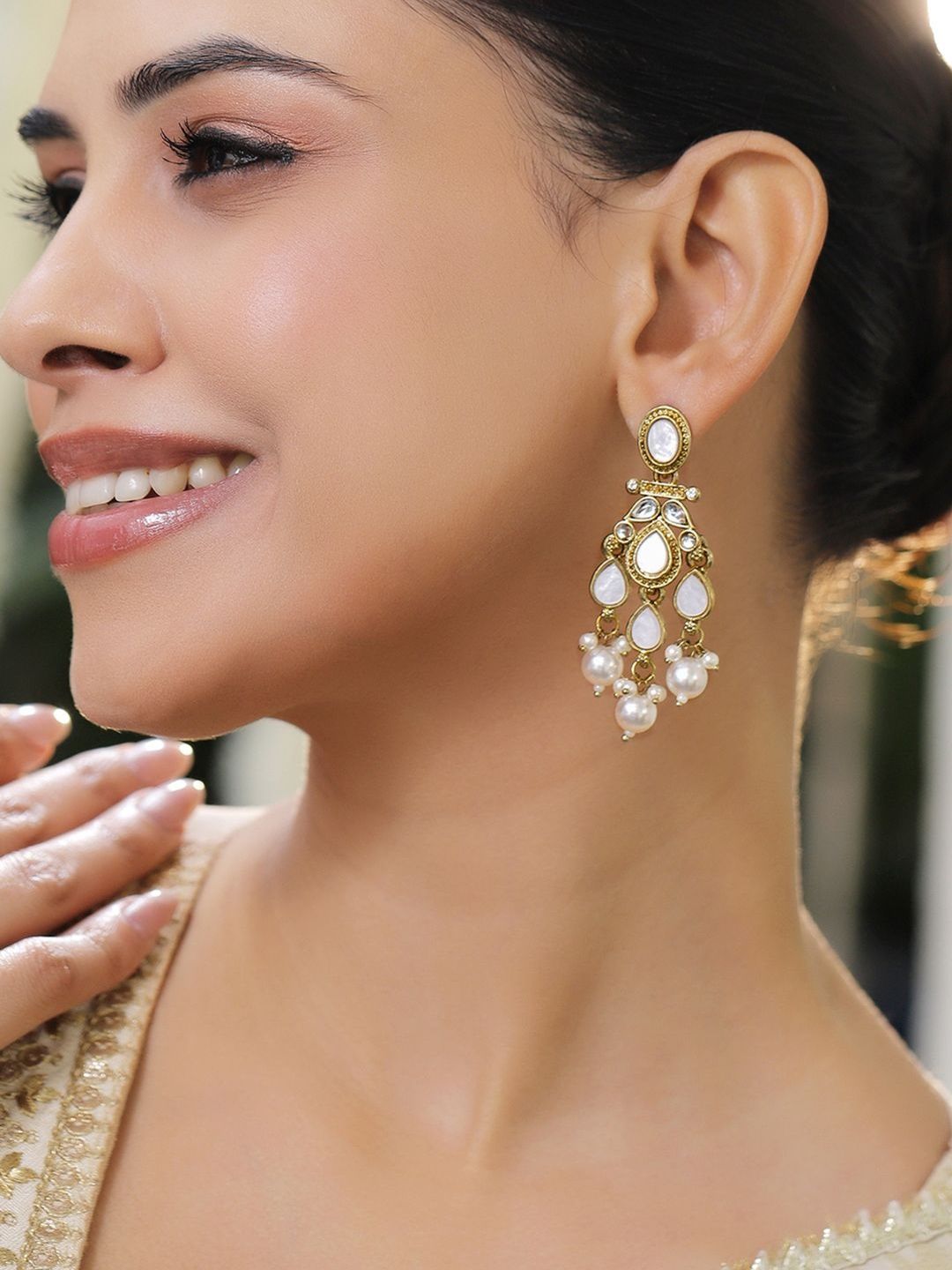 Rubans 22K Gold-Plated White Beaded Kundan & CubicZirconia Chandelier Earrings with Pearls
